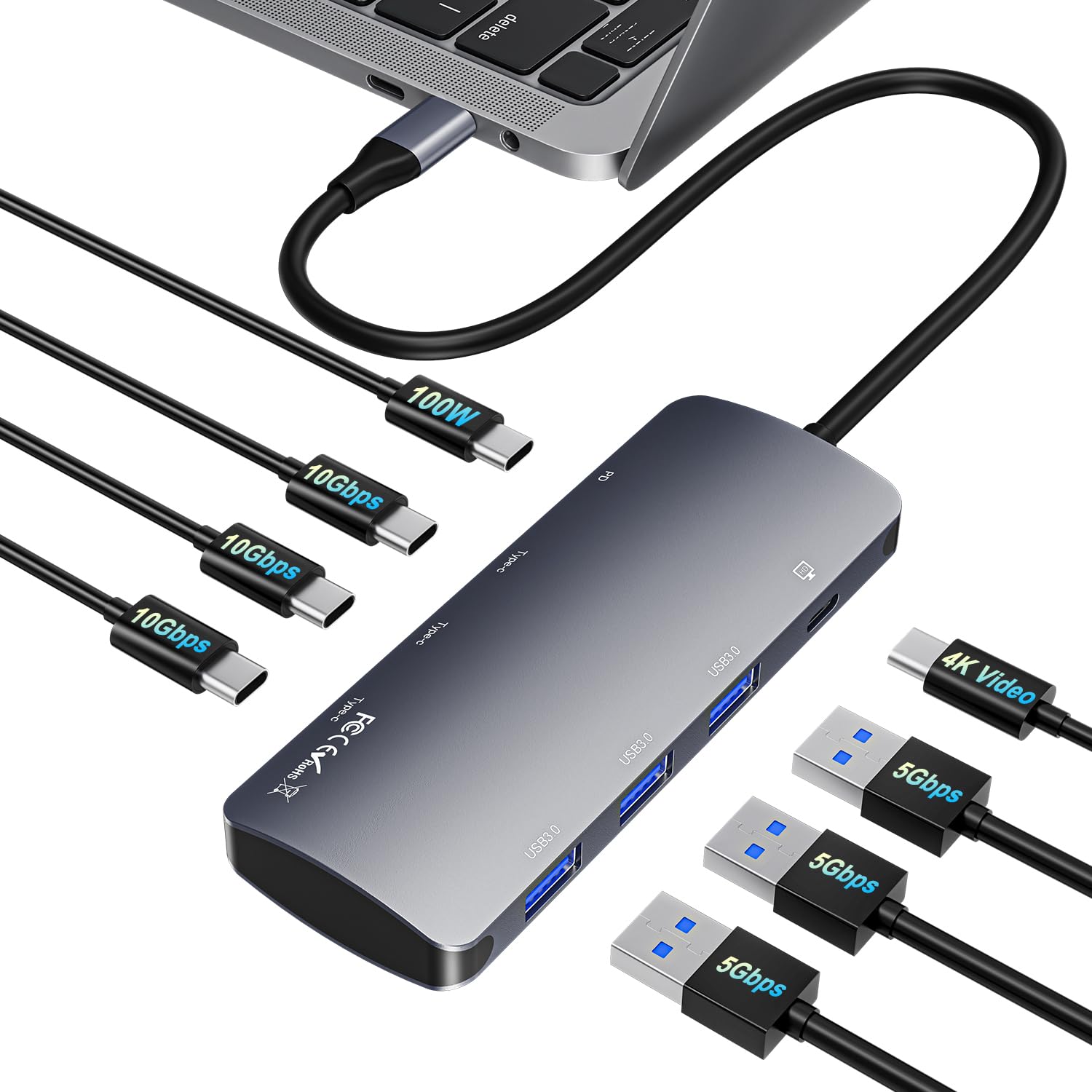Hub USB C 10 Gb/s, rozdzielacz USB C z wyjściem wideo 4K przy 60 Hz, ładowanie zasilania 100 W, transfer danych, wieloportowy adapter koncentratora USB 4