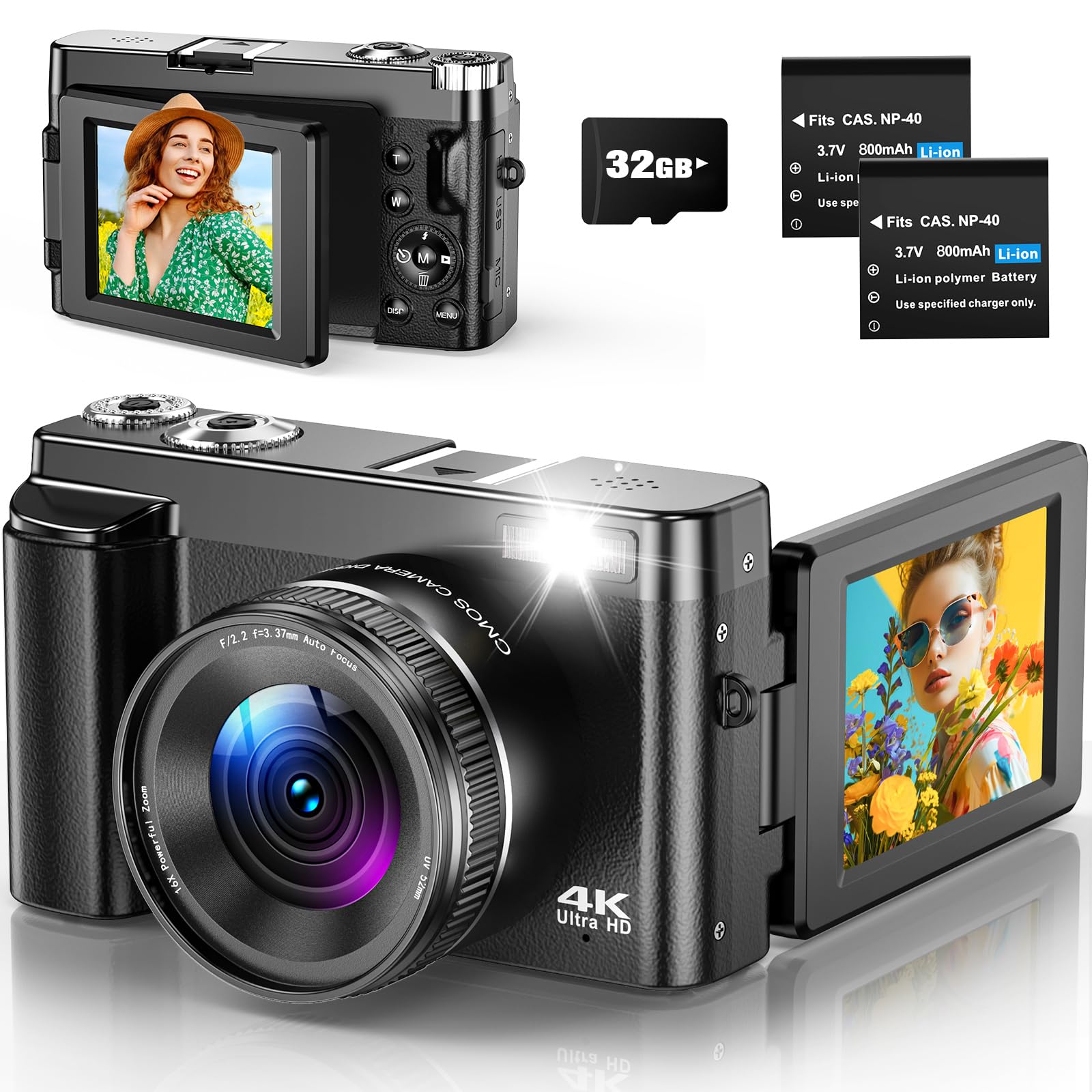 Cámara Digital 4K Camara De Fotos Compacta 48MP con Autofocus, Pantalla Flip De 180° De 3", Zoom Digital 16X, Tarjeta de 32GB y 2 Baterías para Principiantes y Adolescentes