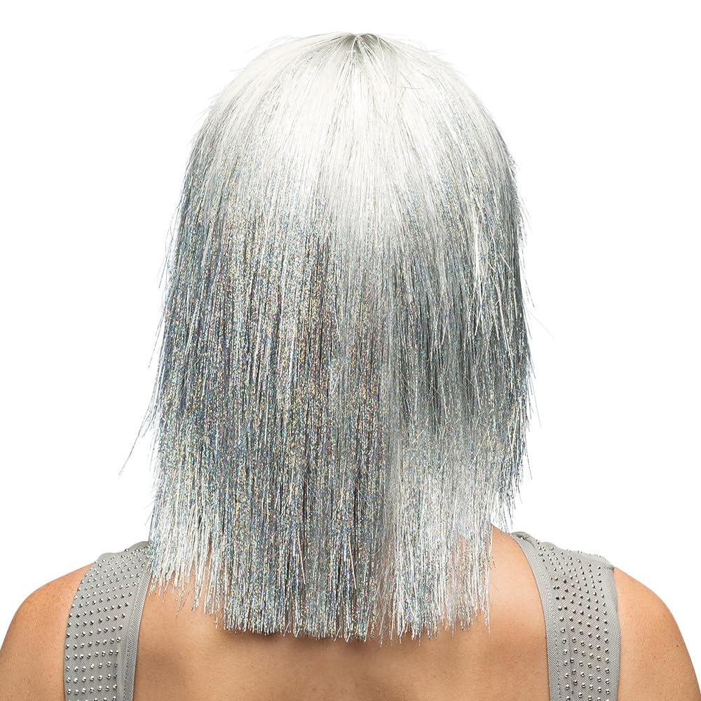 Boland Crazy Silver Glitter Wig for Adults, Sparkly Tinsel Fancy Dress Wig with Fringe for Parties Carnival, Festivals, Disco - Image 3