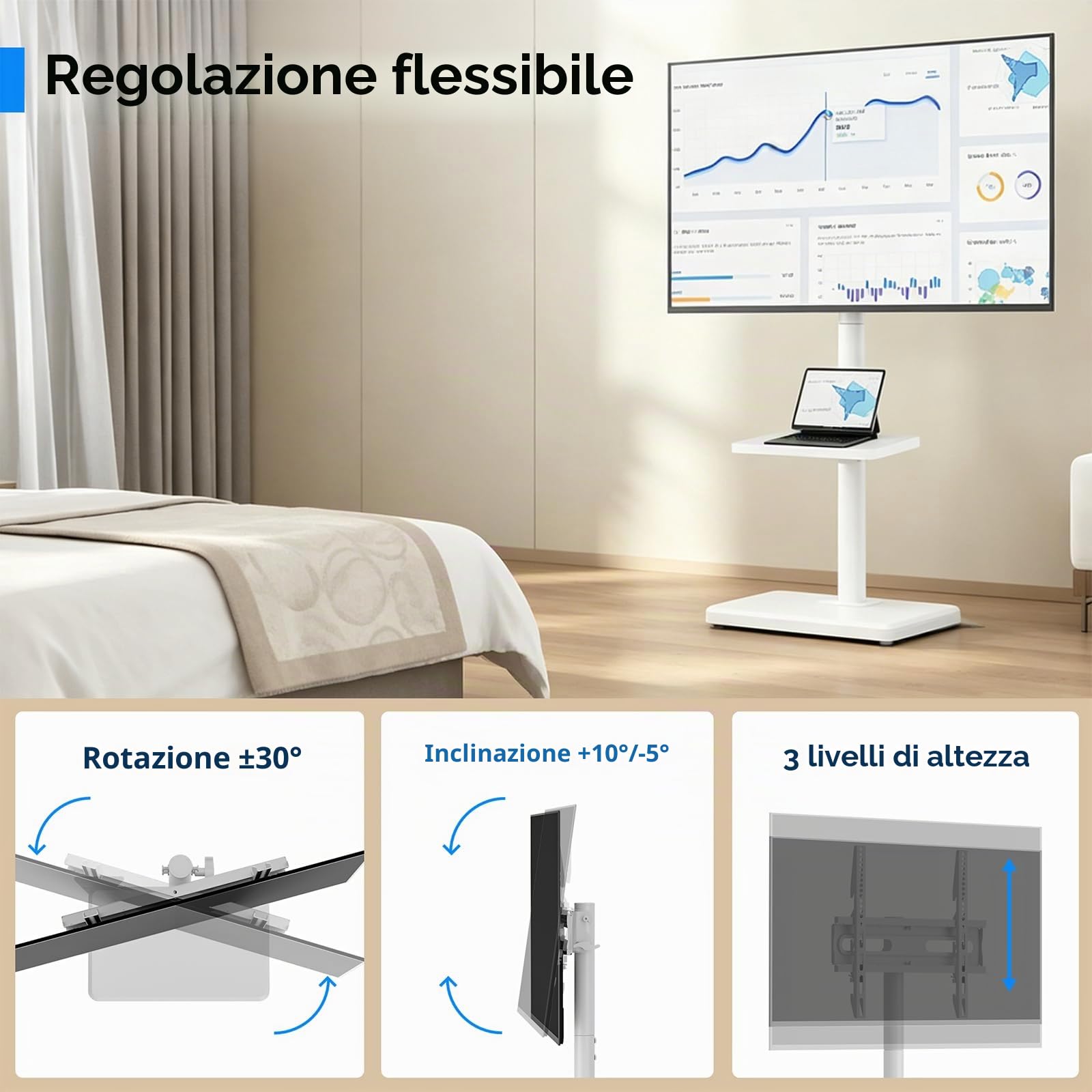 Supporto da pavimento per TV, dotato di staffa compatibile con televisori da 26-55 pollici e di peso non superiore a 77 libbre, regolabile in altezza, ruotabile e inclinabile,bianco