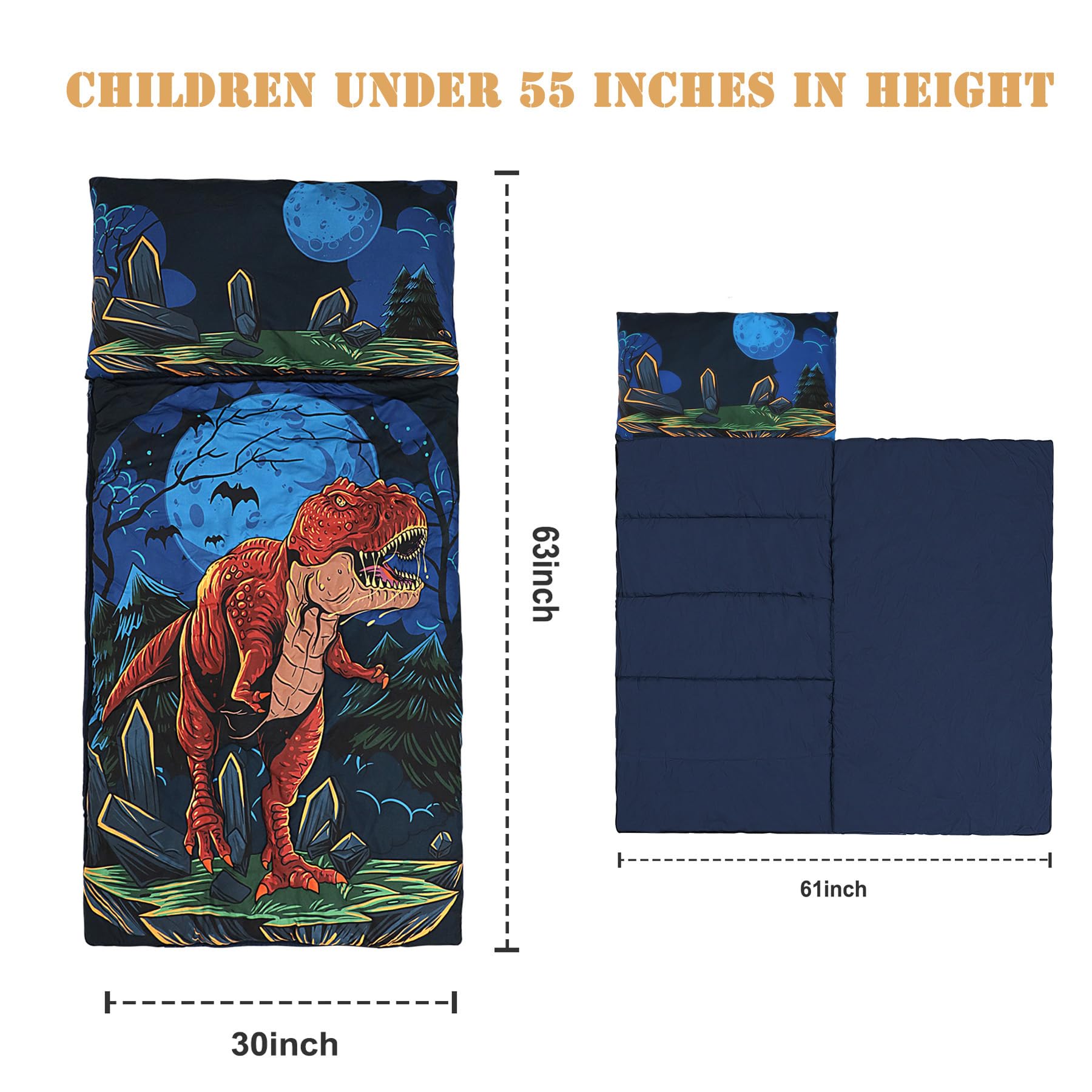 Kids Sleeping Bag, Dinosaur Sleeping Bags for Kids, Slumber Bag with Removable Pillow for Kids Boys Girls, Toddler Sleeping Bags for Daycare Travel Naps and Sleepovers,63