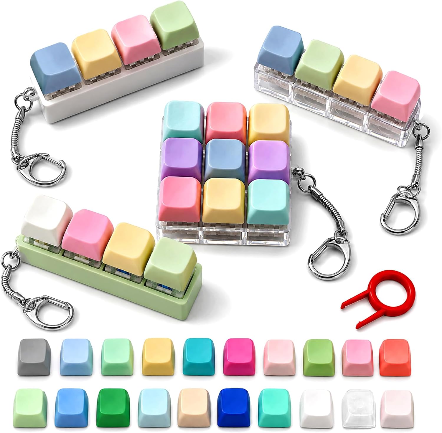 Keyboard Fidget Toy 4 Pcs Keyboard Fidget Keychains | Keyboard Clicker Fidget Toy Stress Relief Keyboard Fidget Clicker with 20 Removable Keycaps Office Desk Fidget Toy