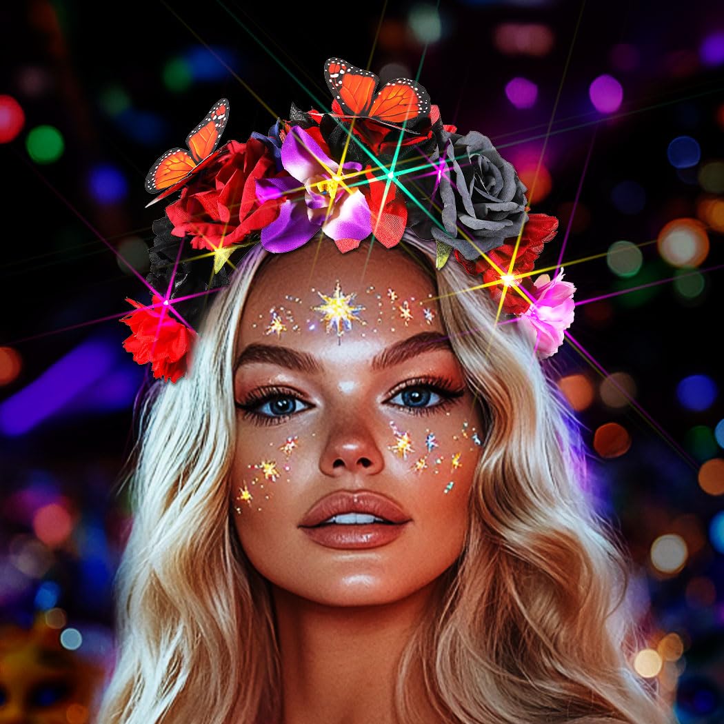 Handcess Light up Mexican Flower Crown Headband LED Butterfly Hair Band Glowing Costume Hair Hoop Party Floral Hair Accessories for Women - Image 2