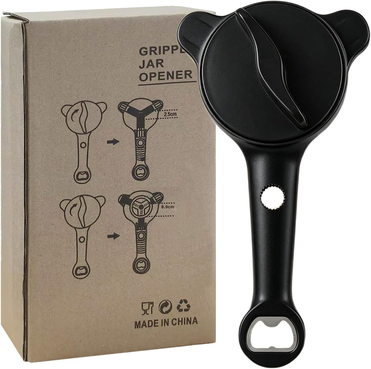 Lid Opener 4-in-1 Multifunctional Jar Opener Adjustable 2.5-9 cm for Seniors & Arthritis, Opens Jars, Bottles & Cans, Kitchen Aid with Leverage (Black)
