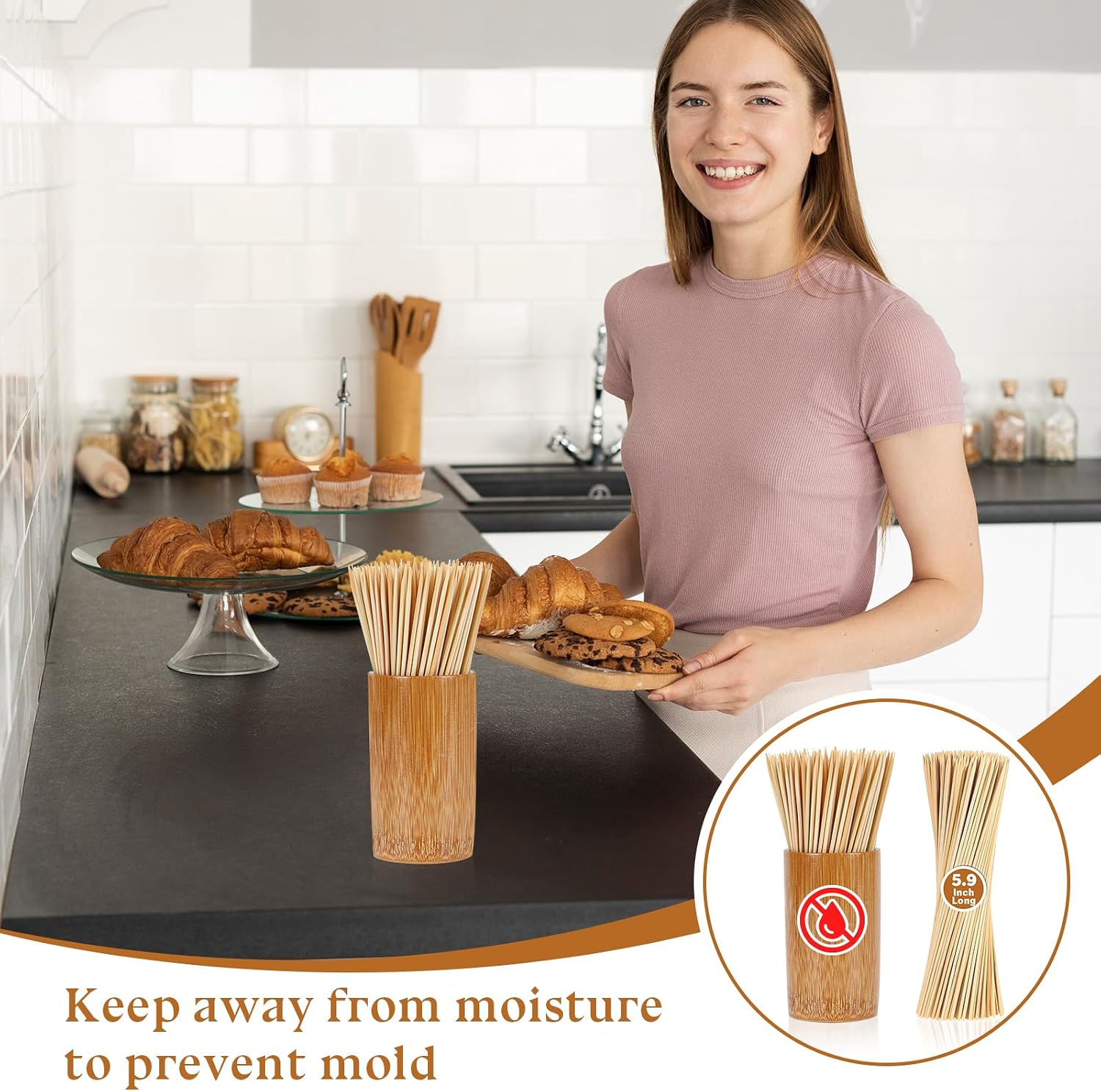 200 Pack Bamboo Cake Checker with Utensil Holder 5.9 Inch Disposable Cake Checker Stick Baking Supplies Baking Essentials for Home Bakers Chefs Meat Baking Doneness