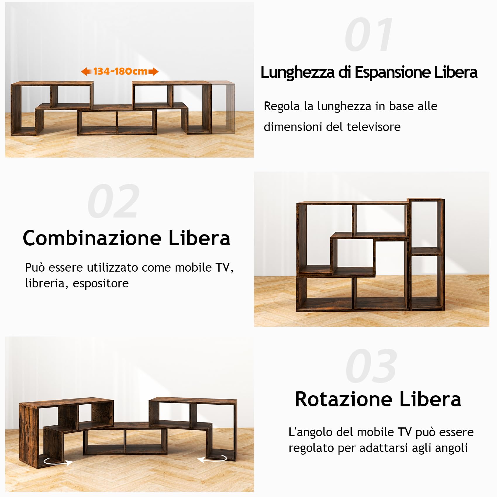 GYMAX Mobile TV a 3 Pezzi, per TV Fino a 65’’, Liberamente Combinabile, per Soggiorno, Camera da Letto, 134 x 30 x 43 cm (MARRONE)
