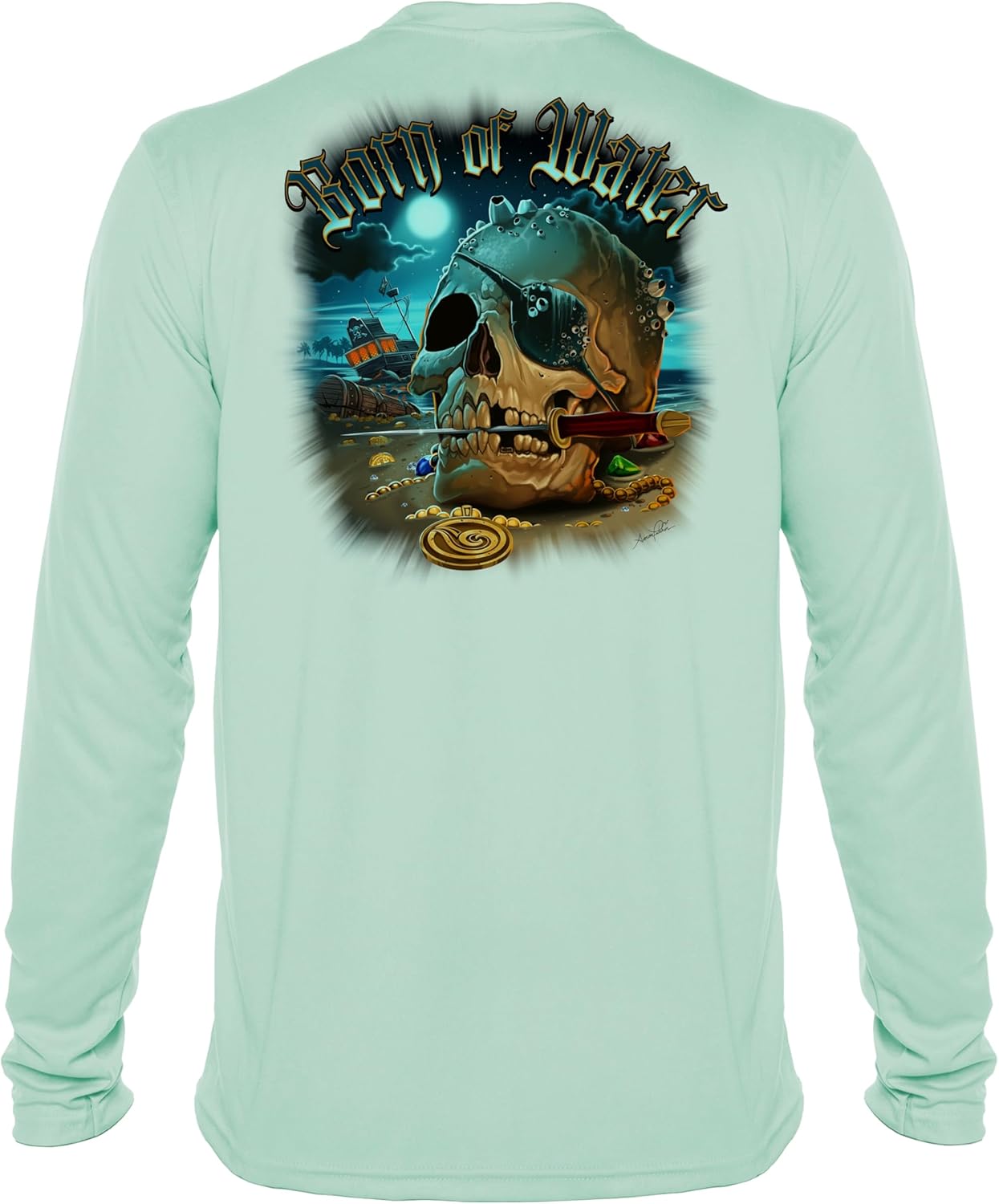 Born of Water Pirate Skull T-Shirt: Mens UV Protection - Long Sleeve