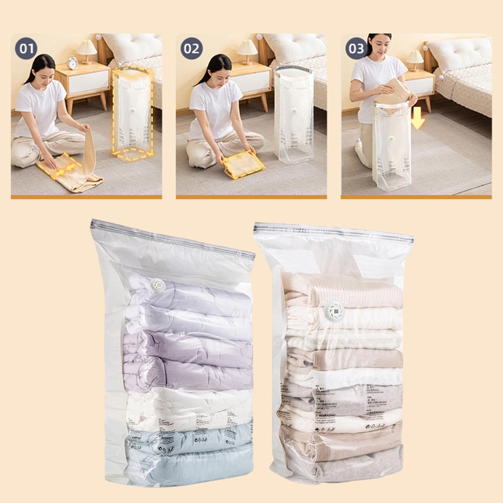 Paquete de 6 bolsas de almacenamiento al vacío sin bomba, bolsas selladoras al vacío reutilizables que ahorran espacio para ropa, mantas, almohadas, de almacenamiento de compresión enrollable