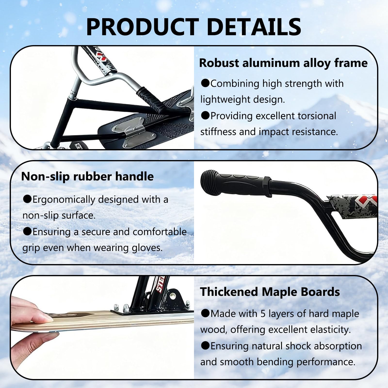 Scooter da Neve/Slitta da Snowboard Professionale, Adolescenti E Principianti Sci Rotanti A 360°, per Adulti con Sci Posteriori Rotanti E Anima in Legno A5 Black