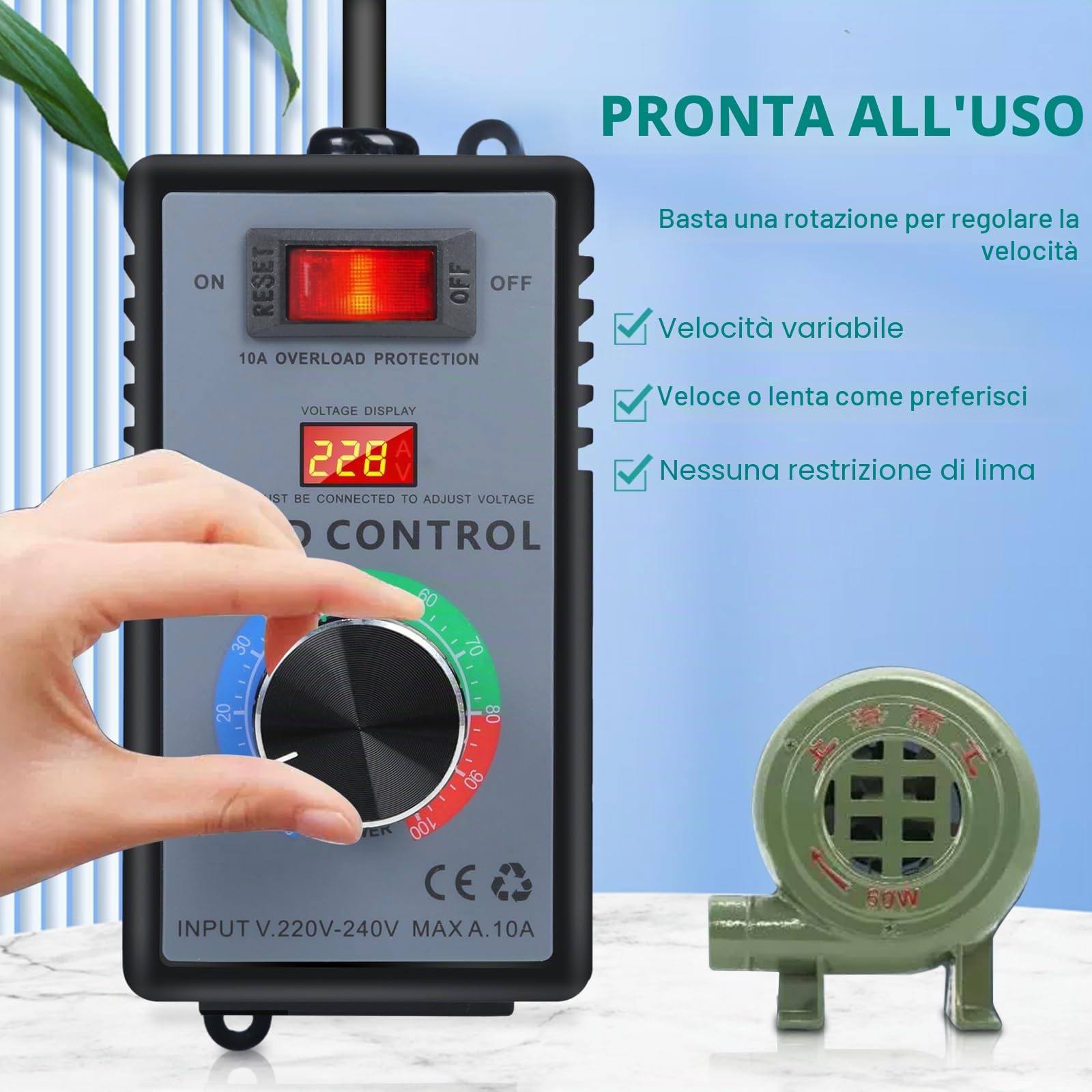 Regolatore di Velocita 220V, Regolatore Velocita Motori 10A 4000W Regolatore di Tensione Elettronico Governatore Dimmer, per Smerigliatrice Angolare, Motori a Spazzole, Forni Elettrici