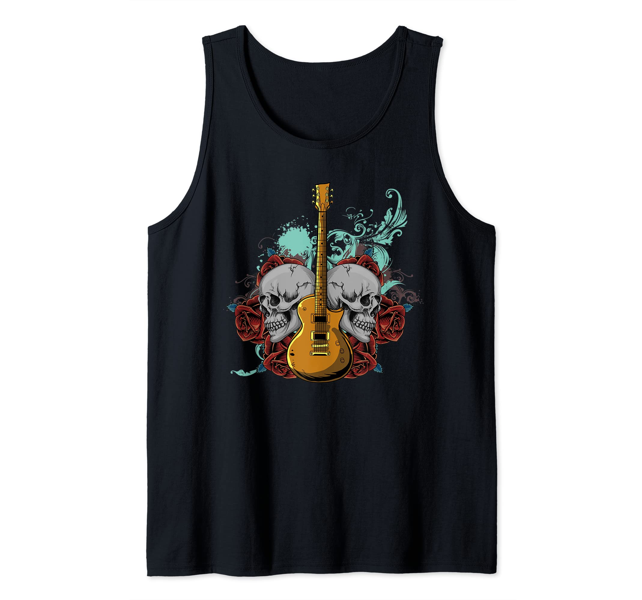 Electric Guitar Skull Red Roses - E-Guitar Rock Guitarist Tank Top, Black