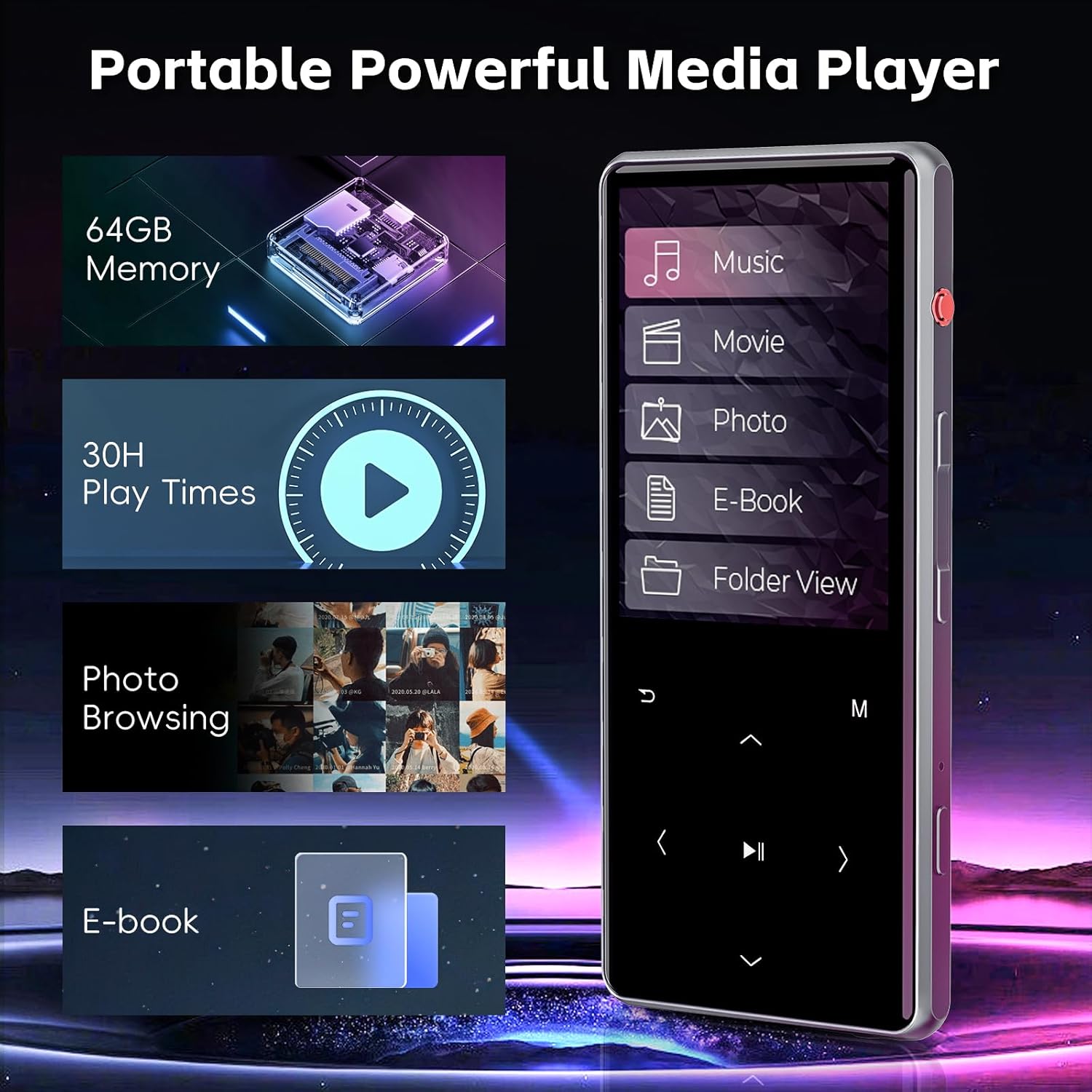 128GB Portable MP3 Player with Bluetooth 5.0, 2.4" Srceen Music Player Built in Speaker, Mini Voice Recorder with 64GB TF Card, Touch Buttons, Voice Recorder, E-Book, Earphones Black - Image 8