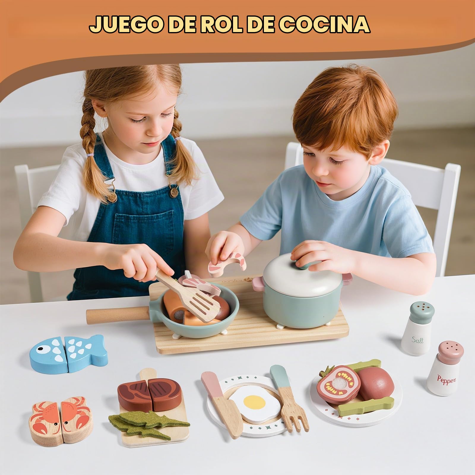 Accesorios de cocina de juego de madera, juego de ollas y sartenes para niños, juego de cocina con estufa de juguete, juegos de cocina para niños pequeños, juguetes de comida para niños pequeños, 3-5