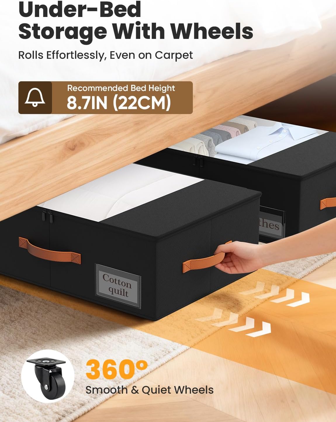 TOSKING 2-Pack Under Bed Storage Bins with Wheels, 4 Vacuum Bags, Heavy Duty 80 lbs, 7.9" Height, 47L Clear Lid Organizer, Space Saver for Dorm Bedroom Clothes Shoes Toys, Quick Assembly, Black