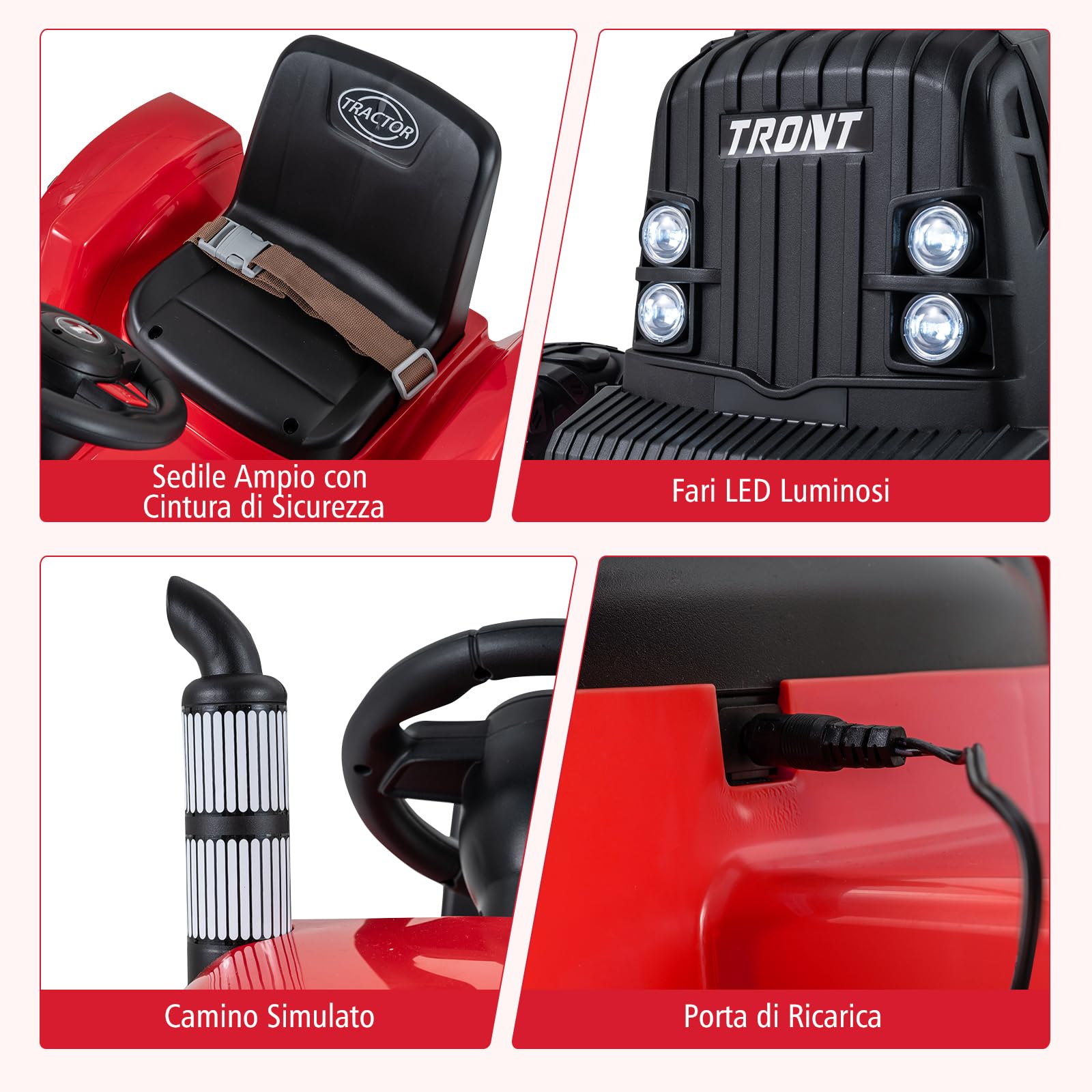 RELAX4LIFE Trattore Elettrico a Batteria 24V con Rimorchio Staccabile, Controllo Remoto, Porta USB, Connessione Wireless e Luci LED, Veicolo a 3 Velocità per Bambini dai 3 agli 8 Anni (ROSSO)