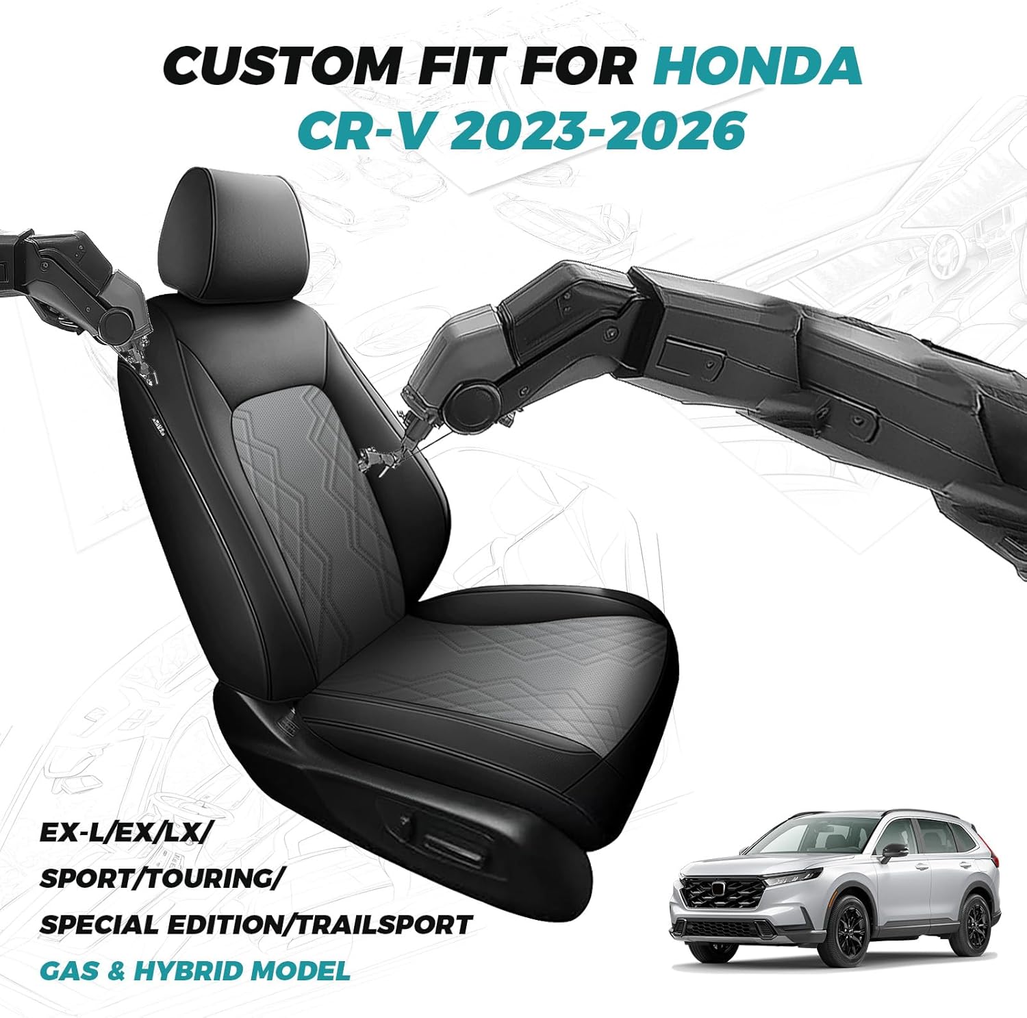 for Honda CRV Seat Covers 2026 2025 2024 2023 - Custom Fit CRV Seat Covers EX-L/EX/LX/Sport/Touring/Special Edition/Trailsport Hybrid & Gas - Waterproof CR-V Seat Cover Full Set - Black Gray