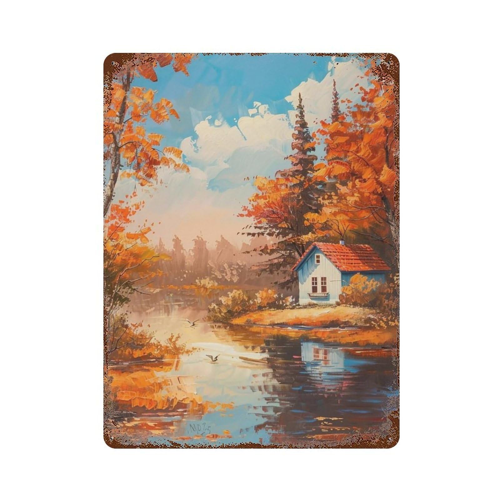 HDURYEYRYY Autumn Cottage by The River 01 Wall Retro Iron Vintage Art Metal Tin Sign Poster Modern Home Cofffee Club Art Bar Shop Decor 40x30cm
