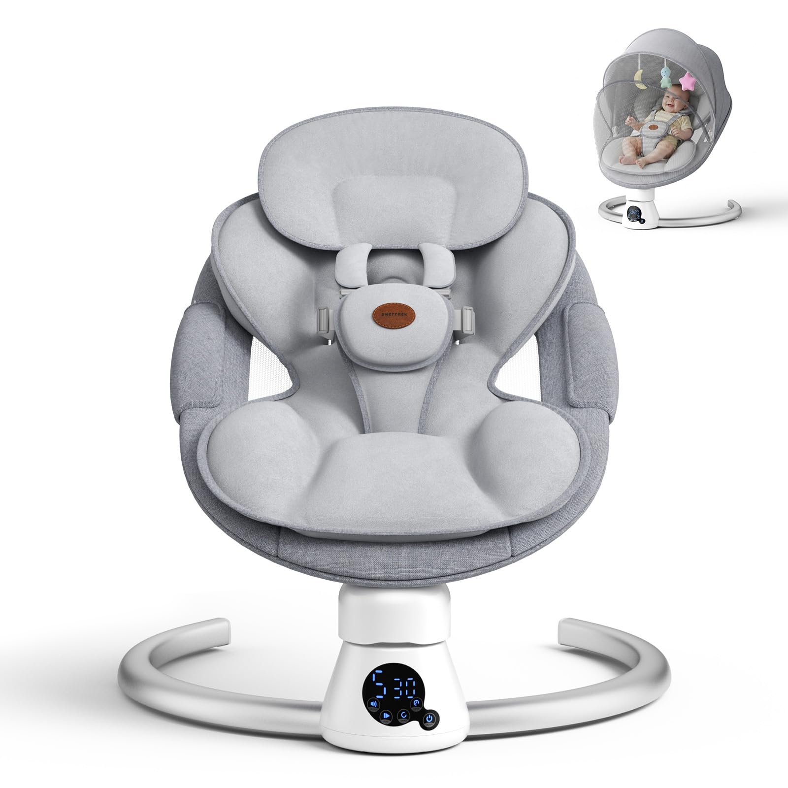 Columpios eléctricos para bebés, columpio de bebé Smelluck, columpio eléctrico para bebé con función exclusiva de aplicación, 2 respaldos ajustables, 12 melodías preestablecidas, 5 velocidades y 3