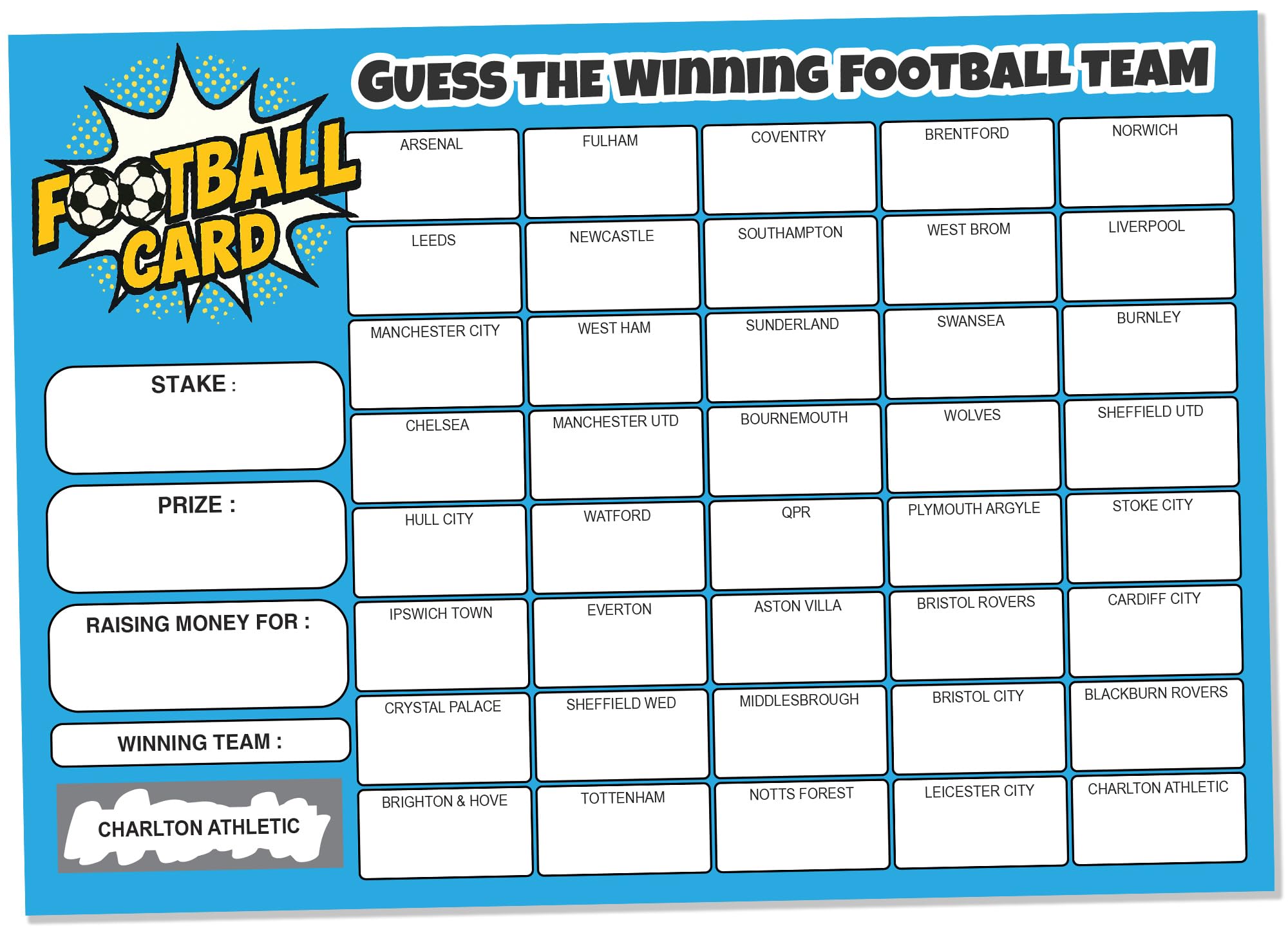 Pack of 10 Football Team Scratch Cards - Large A5 Size - 40 Names - 330gsm Card - UK Designed and Printed