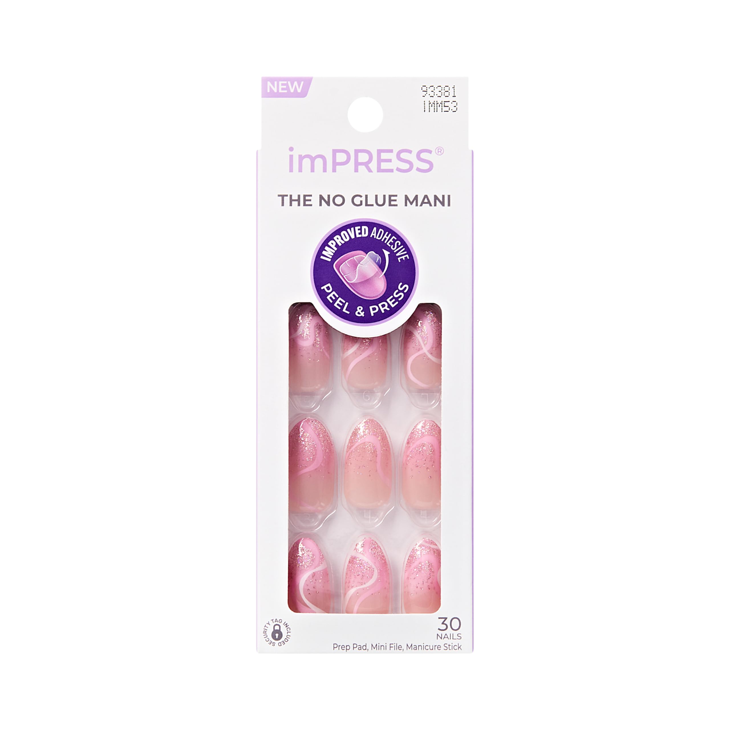 KISS imPRESS No Glue Mani Press On Nails, Design, 'Wild Venus', Pink, Medium Size, Almond Shape, Includes 30 Nails, Prep Pad, Instructions Sheet, 1 Manicure Stick, 1 Mini File