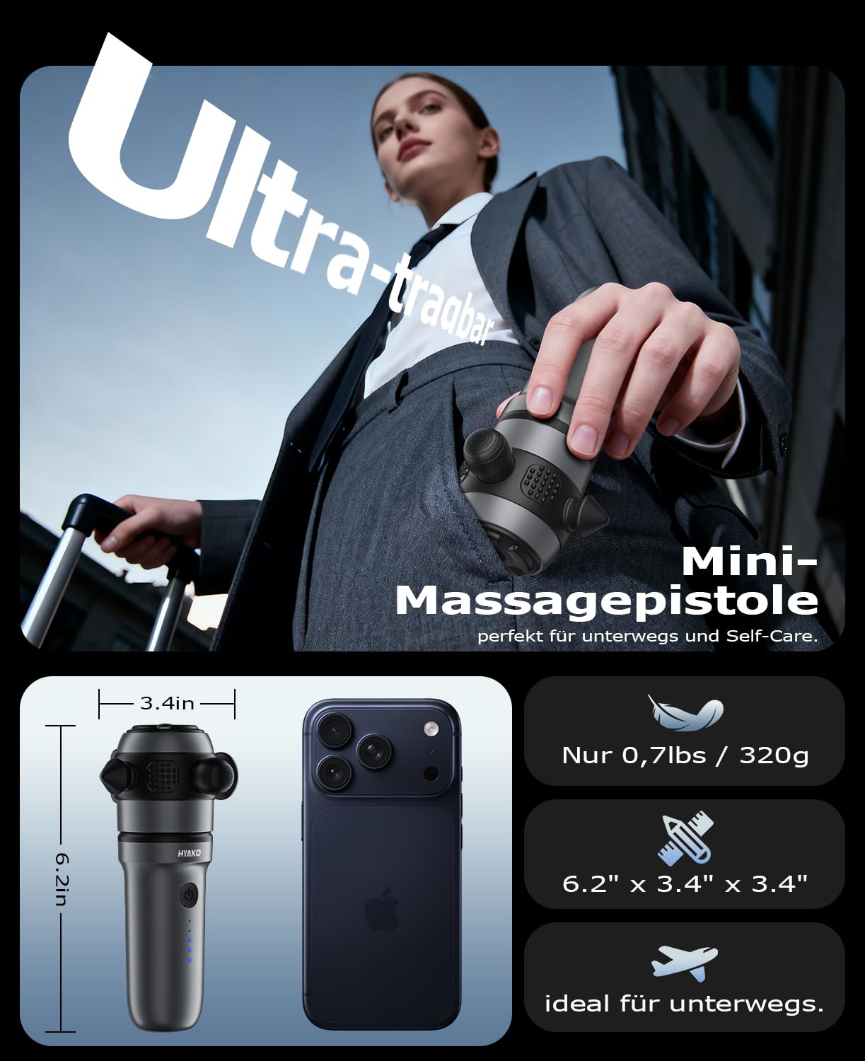 HYAKO Mini Massagepistole Therapie massagegerät massage Tiefe Gewebe Mit 9 Massageköpfen Tiefenmassage für Vibrieren Faszien & Muskel 4 Geschwindigkeiten Ultra-Leise 丨geschenke für Männer & Frauen