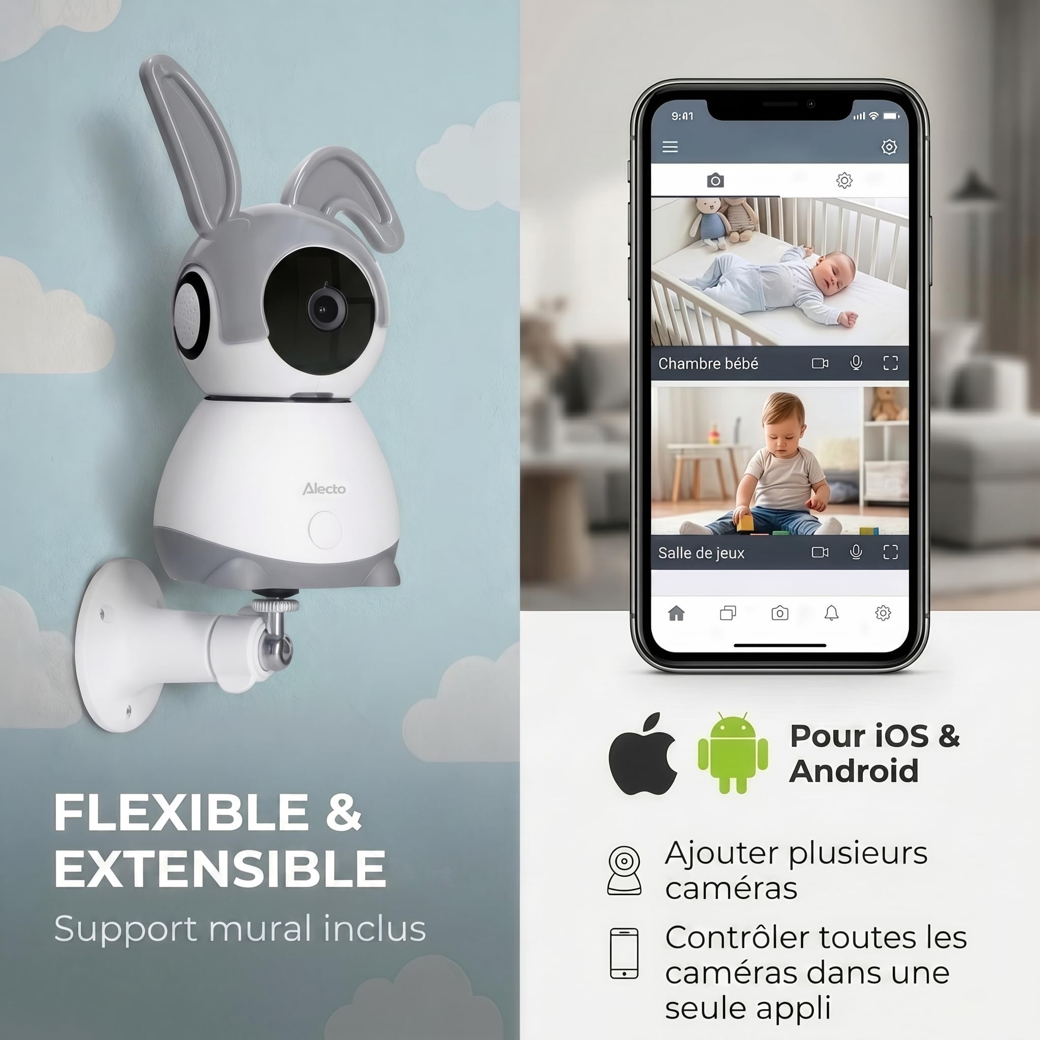 Alecto Babyphone WiFi avec caméra - Visiophone Bebe avec caméra et WLAN - SMARTBABY10 Moniteur Vidéo pour Bébé avec Vision Nocturne - Babyphone avec Interphone et Contrôlable par Application - Blanc
