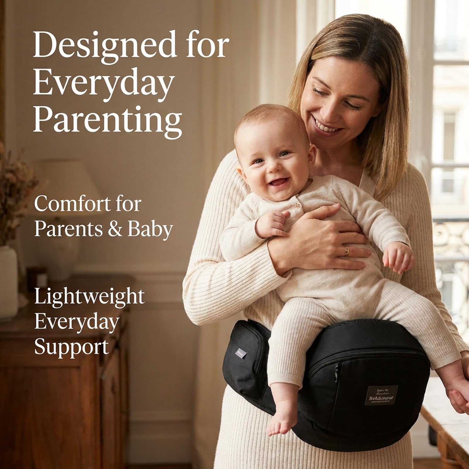 Bebamour Hipseat Babytrage 0-36 Monate, Leichter, verstellbarer, rückenstützender Taillenhocker, 3-in-1-Babytrage für Neugeborene bis Kleinkindersitz(A Black)