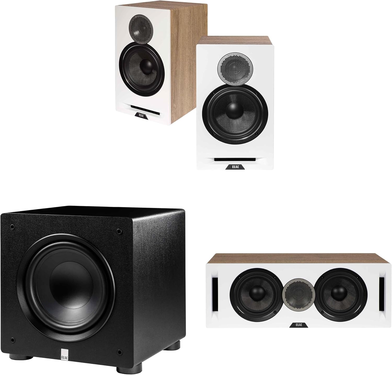 ELAC DBR62-W - Debut Reference 6.5" Bookshelf Speakers - White, Pair, DCR52-W - Debut Reference 5.25" Center Speaker - White PS250-BK - Varro Premium 10" 250 Watt Powered Subwoofer with