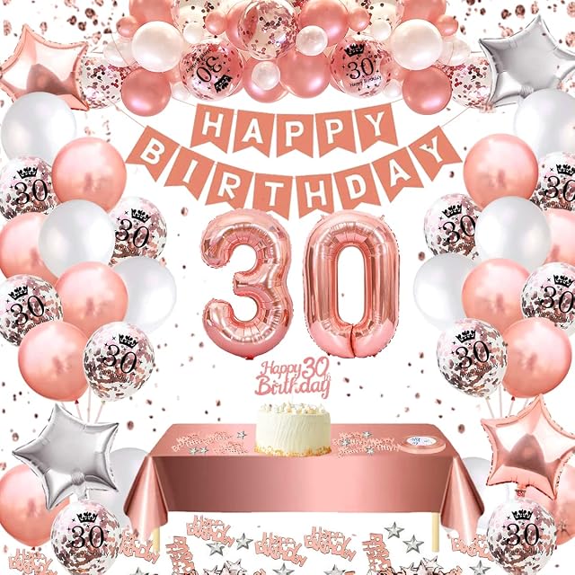 30th Birthday Decorations,30th Birthday Balloons,30 Birthday Gift for Women with 30th Foil Balloons 30. Printed Confetti Balloons Rose Gold Bunting Banner Party Tablecloth Cake Topper Kit