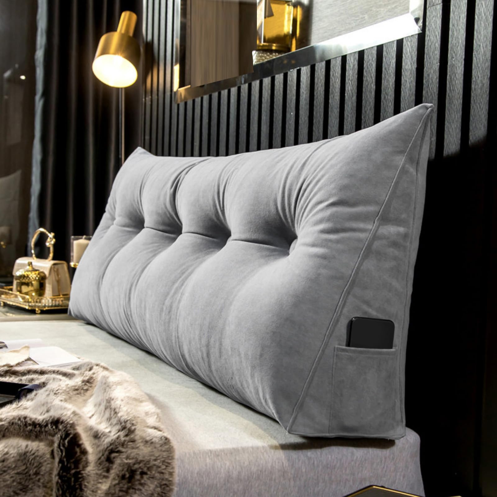AIUTG Large Triangular Headboard Cushion, Velvet Reading Cushion with Removable Washable Cover, Comfortable Backrest for Bed, Sofa, Bedroom and Living Room(Gris Foncé,200 * 50 * 20cm)