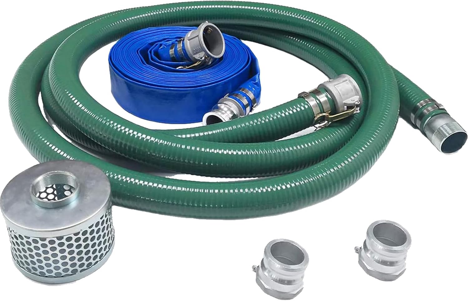 Discharge Hose Pump Kit Includes 2" x 100' Blue PVC Backwash Hose & 2" x 20' Green PVC Suction Hose with Aluminum Camlock Fittings, Steel Round Hole Suction Strainer and Cam and Groove Adapter