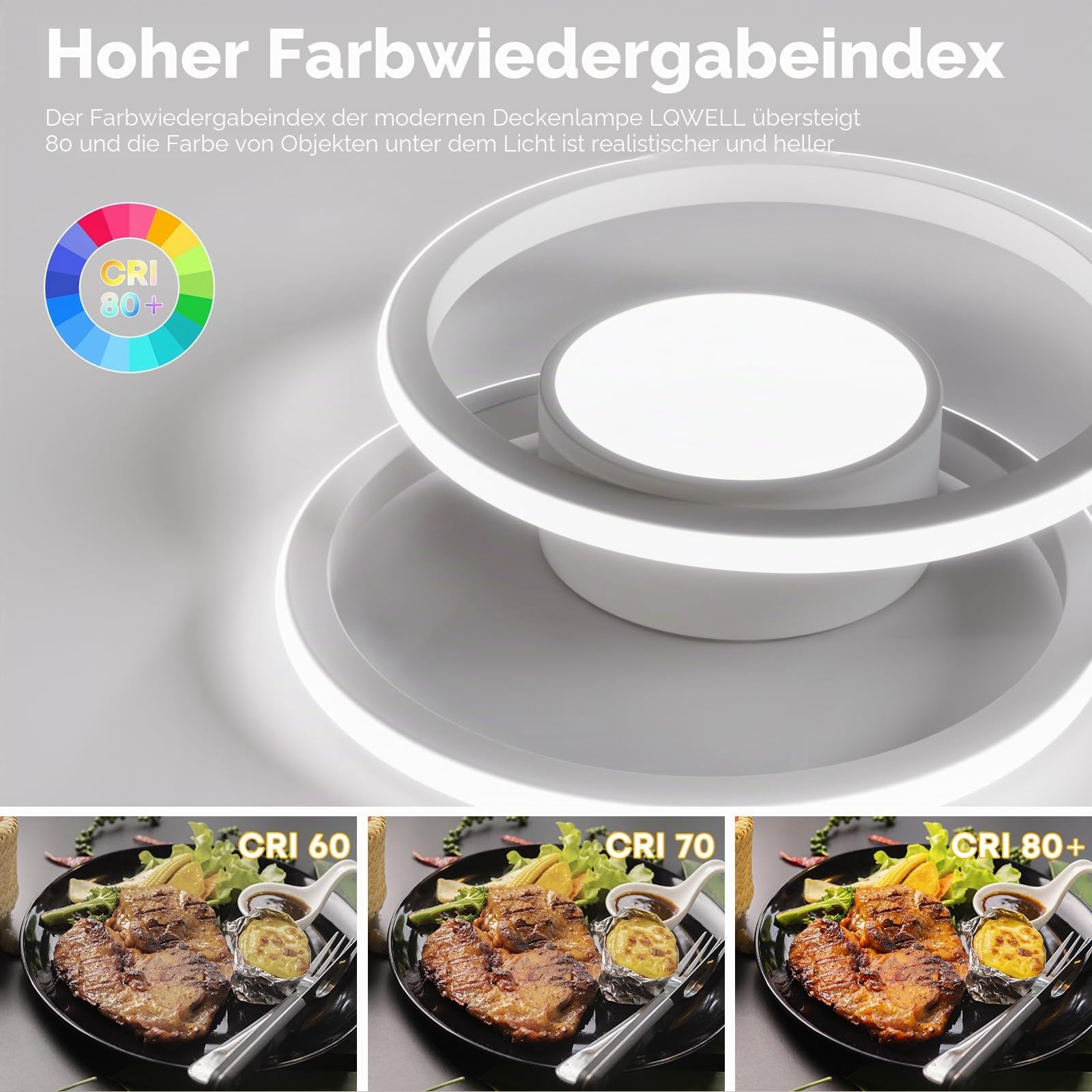 LQWELL Modern Led Deckenleuchte, LED Deckenlampe 48cm, 2-Ringe Design, 62W 6500K 6950LM IP44 Wasserfest Schlafzimmerleuchte Wohnzimmerleuchte aus Metall+Acryl als Badezimmer Küche Keller Büro