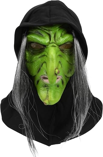 Horror Witch Face Mask, Scary Old Lady Masks Long Hair Wizard Nose, Creepy Latex Halloween Party Costume Cosplay Props