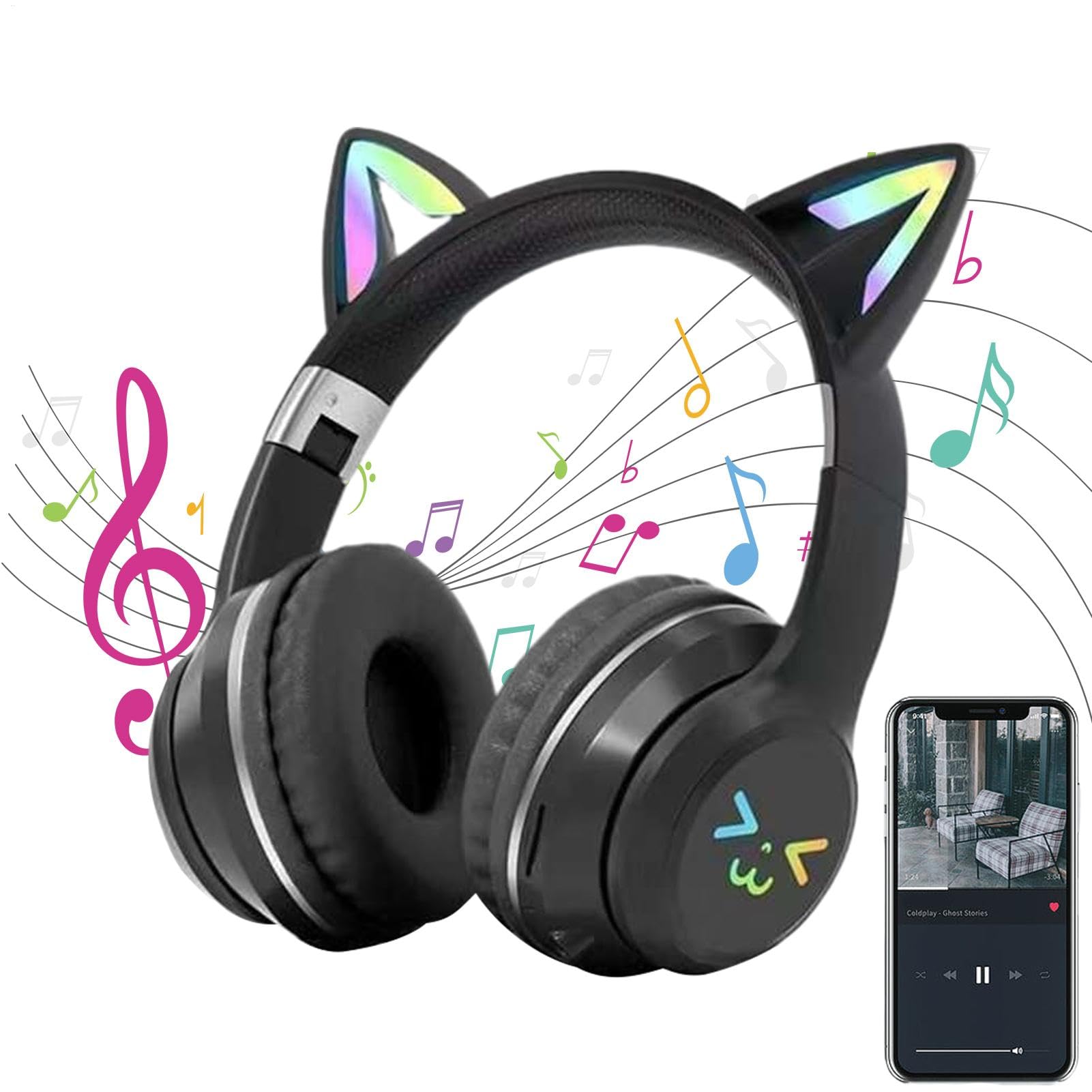 Kopfhörer mit Katzenohren, kabellose Kinder-Kopfhörer mit Mikrofon und LED-Licht, bunt, ideal für Studium und Schule, leicht und bequem, lustiges Design