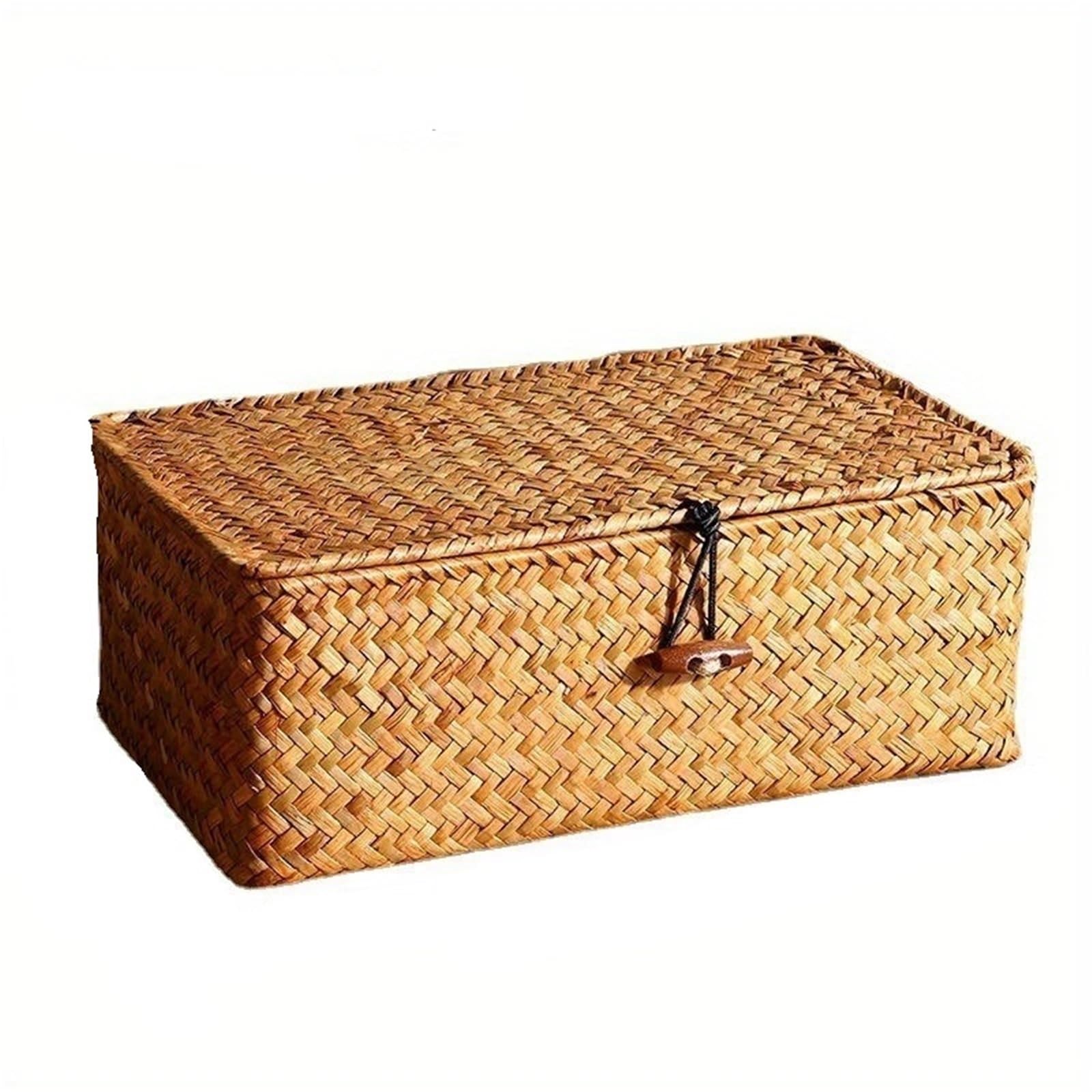 Cesto portaoggetti vintage fatto a mano in paglia intrecciata, scatola da scrivania, regalo per biancheria intima da bagno (grande)