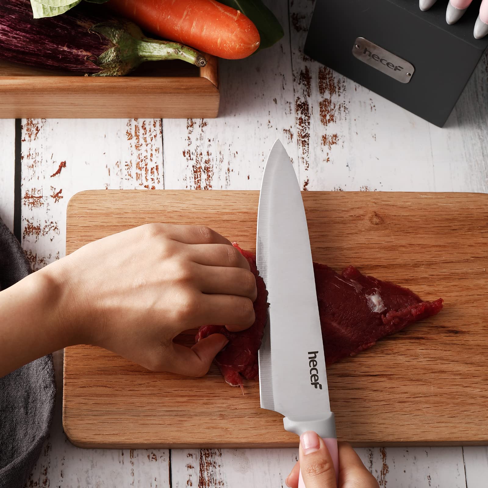 hecef Couteau Cuisine, Porte Couteaux de Cuisine 14 Pièces, Ensemble Couteaux de Cuisine en Acier Inoxydable avec Bloc en Bois, Couteaux de chef Professionnels - Plus de Choix de Couleur (Rose)