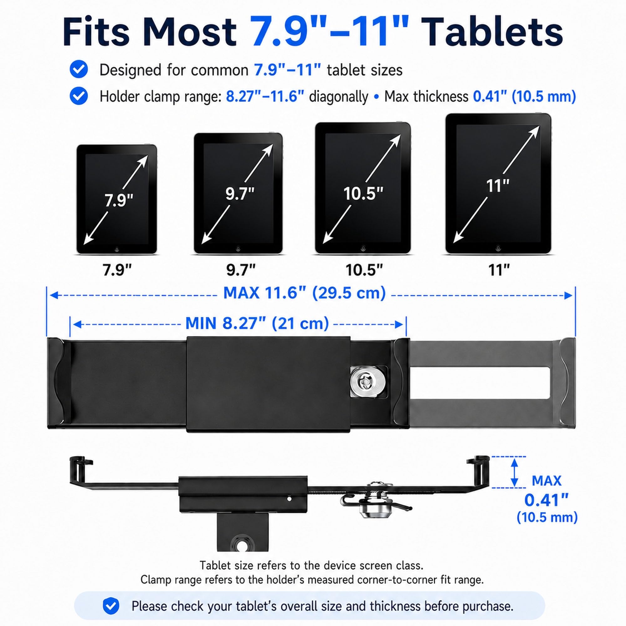 Keuvirya Soporte de pared para tableta, compatible con tabletas de 7 a 11 pulgadas, incluye cerradura de seguridad antirrobo y llave, soporte giratorio articulado para modo vertical y horizontal