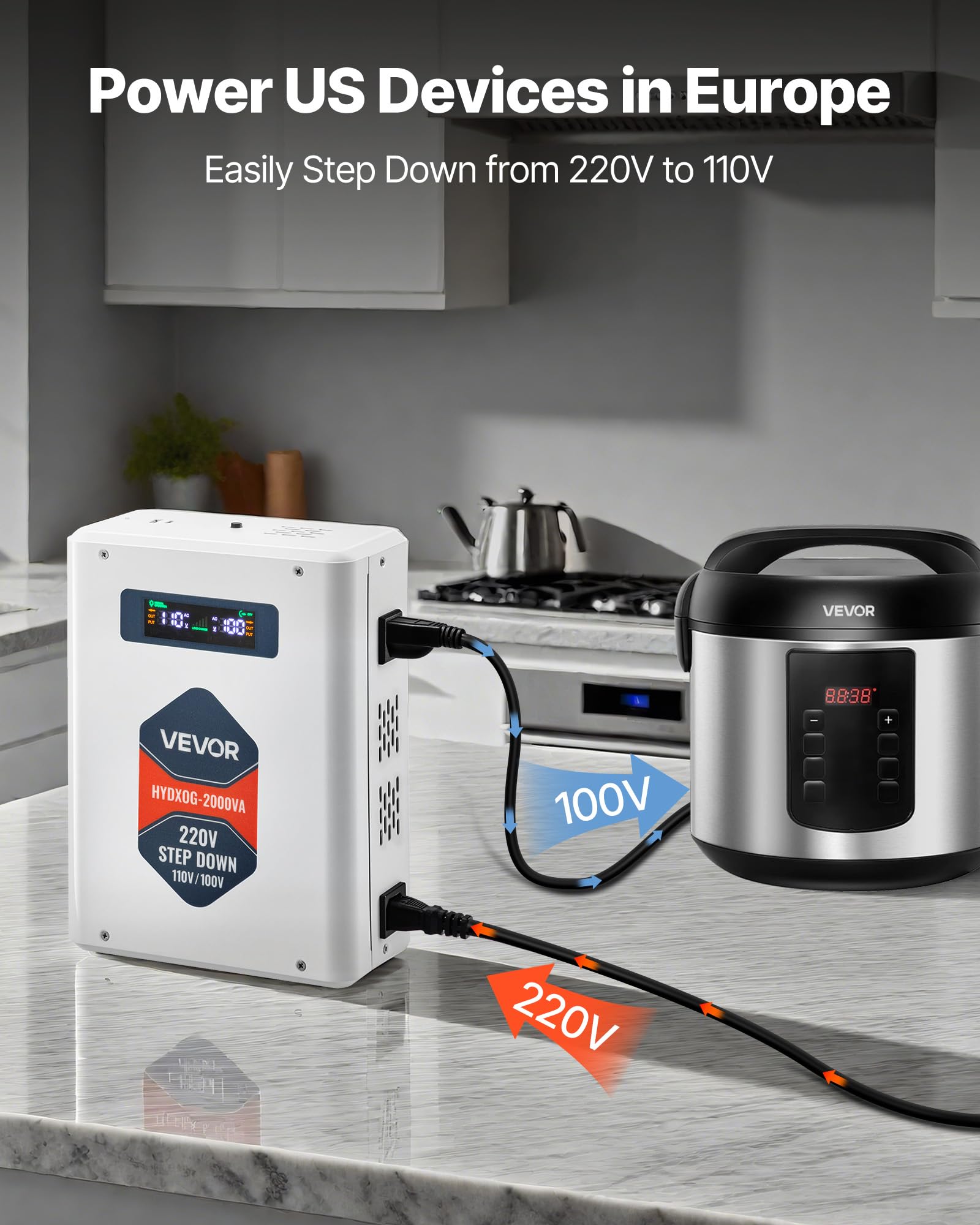 VEVOR Convertitore di Tensione Step-Down da 2000 VA, Trasformatore di Potenza per Impieghi Gravosi da 220 V a 110 V con 2 Prese USA, Uscita USB, Display LCD, per Elettrodomestici da 110 V