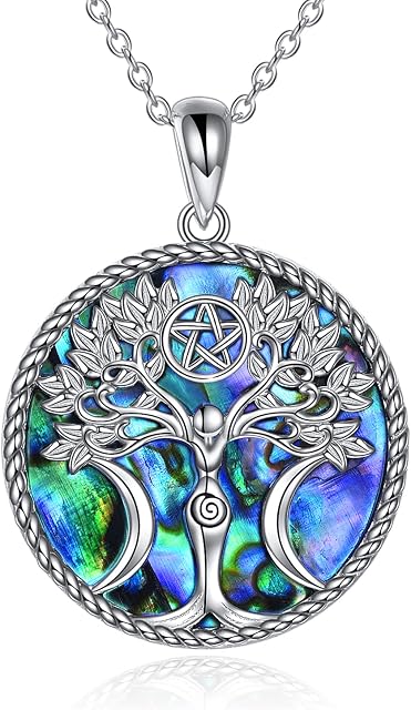 YAFEINI Triple Moon Goddess Necklace Sterling Silver Pentagram Pentacle Tree of Life Pendant Necklace Pagan Wiccan Magic Amulet Jewellery for Women Men