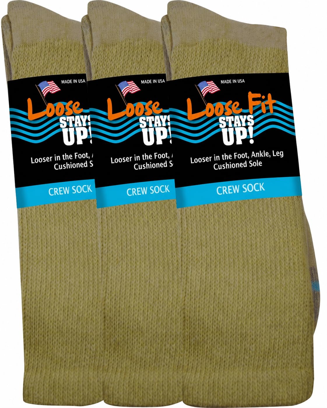 Loose Fit Stays Up Calcetines casuales para hombre y mujer (paquete de 3) fabricados en Estados Unidos. Suela acolchada