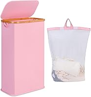 Vista 22 de Cesta de lavandería delgada de 65L, cesta de lavandería estrecha con tapa, cesta de ropa plegable con asas de bambú, cesta de lavandería con bolsa