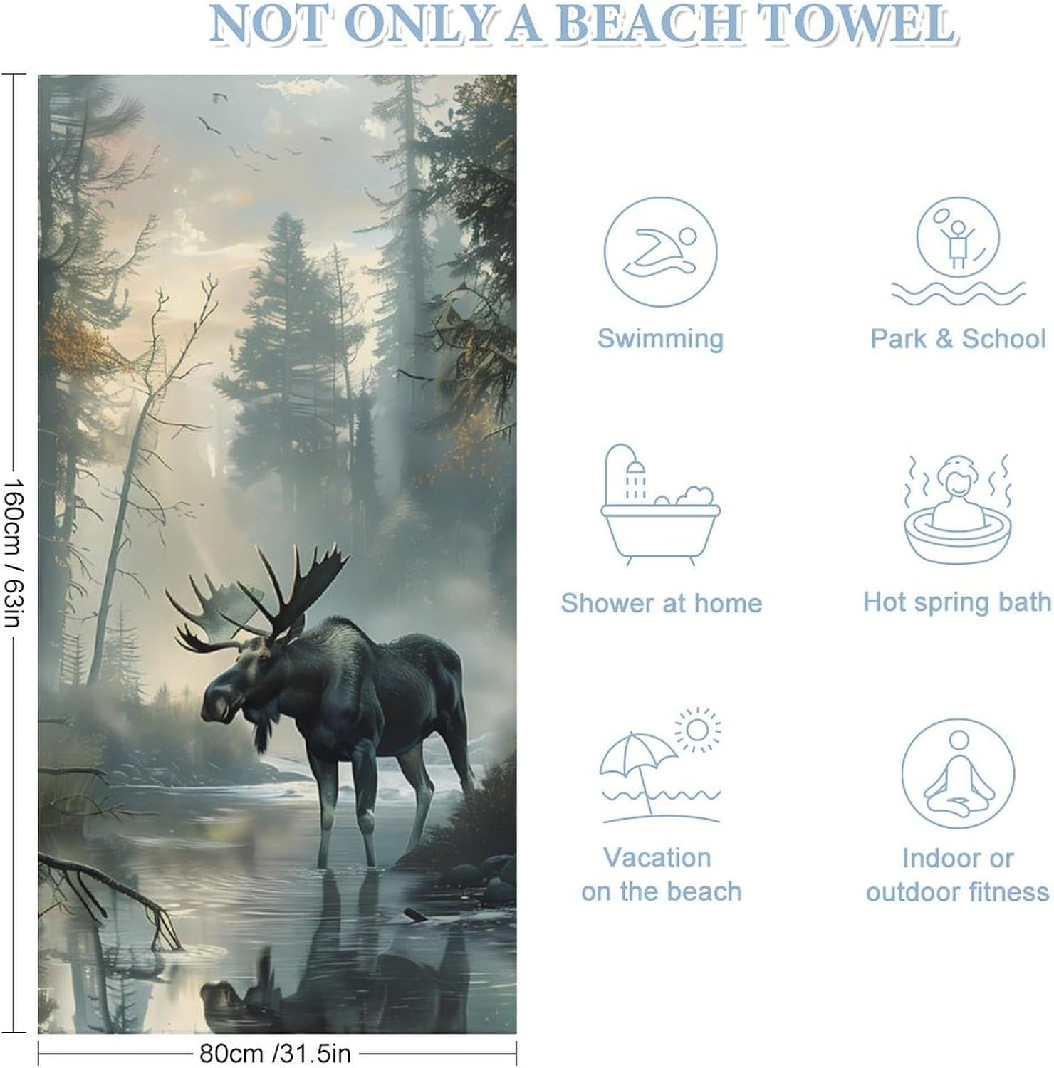 Moose Western Animal Bath Towel Beach Towels Quick Dry Oversized Bath Blanket Highly Absorbent Towel for Women Men 160x80cm