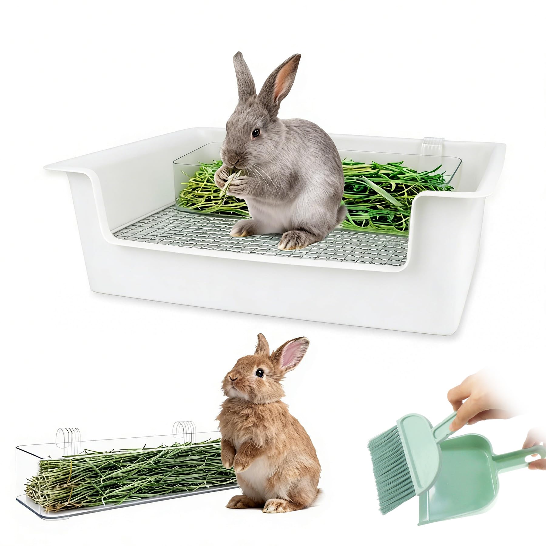 Dmnnlp Stainless Steel Gird Rabbit Litter Box, Low Entry Bunny Litter Pan with Hay Feeder & Broom, Corner Potty Tray for Small Animals Rabbits Guinea Pigs Ferrets, 15.4x11.2x4.8 inch (White)