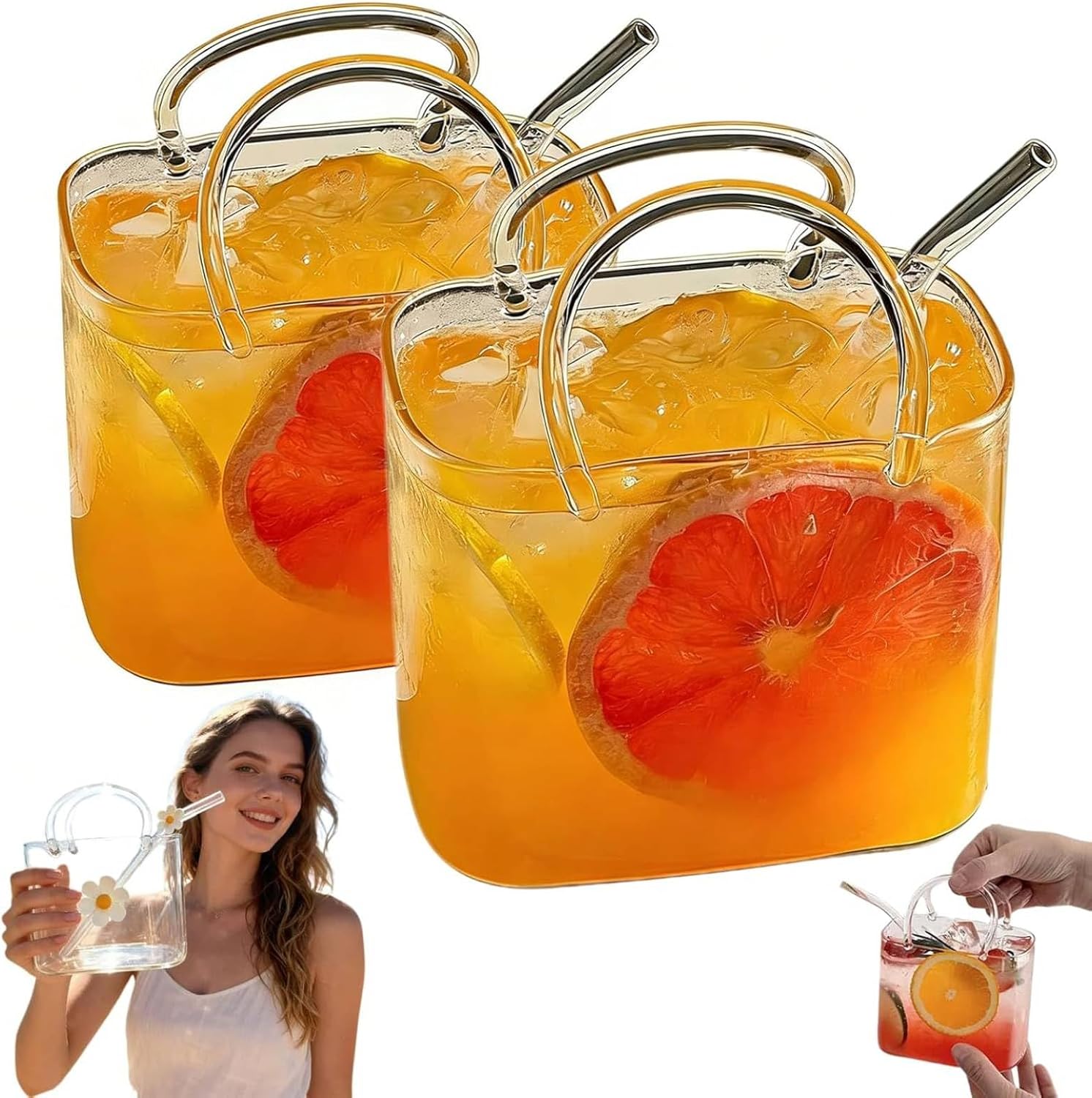1 Pcs Glass Purse For Drinks, Glass Cup Bags Set, Wine Cup Purse Bag Shape With Glass, For Juice Tea Cocktails Fish Tank Vase A Ladies' Party Drinking Mug, Handbag Vases for Room Decoration (2)