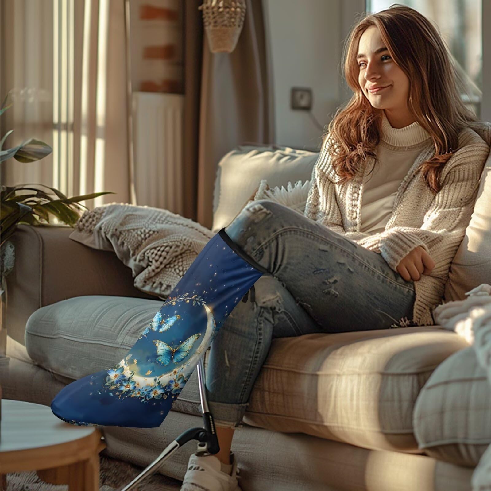 Rnyleeg Blue Leg Cast Covers for Women Butterfly Flower Moon Printed Cast Sock Cover for Foot Small Size Leg Cast Plaster Cover Easy to Use