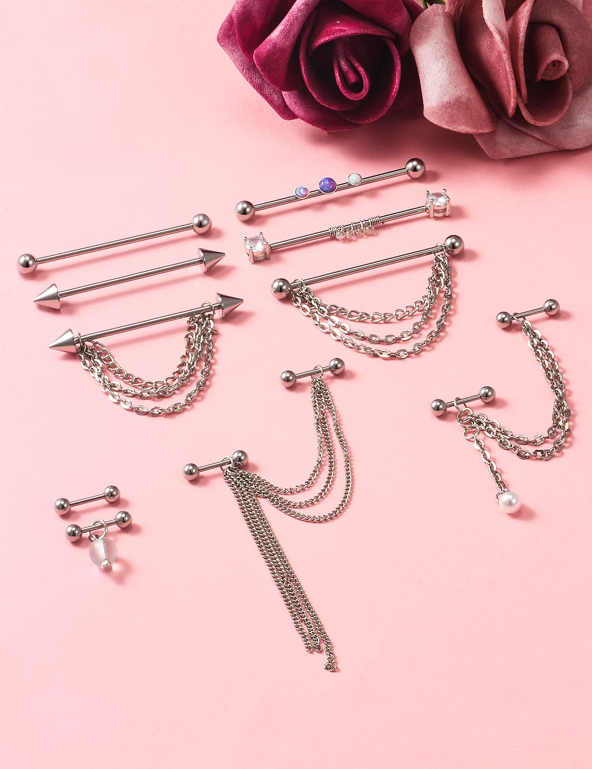 Teruiioy 14G Chain Industrial Earrings Stainless Steel Industrial Piercing Jewelry Double Helix Piercing Earrings for Women Men