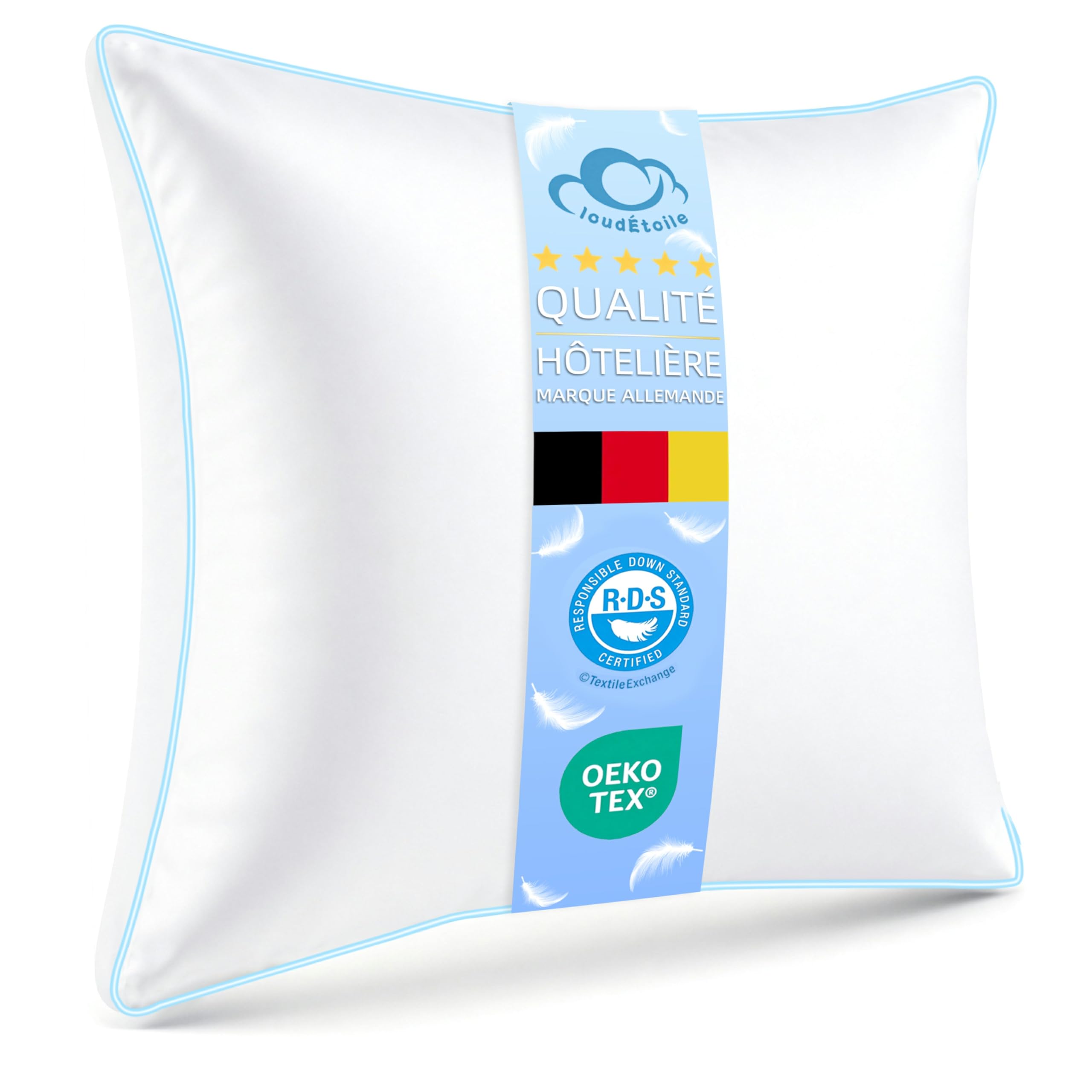 Oreiller 60x60 Duvet Luxe Plume - Oreiller 60x60 cm en Duvet et Plumes de Qualité Hôtelière - Confort Oreillers de Sommeil en Plume 3 Chambres Certifié Oeko-Tex-Dormez comme sur des Nuages