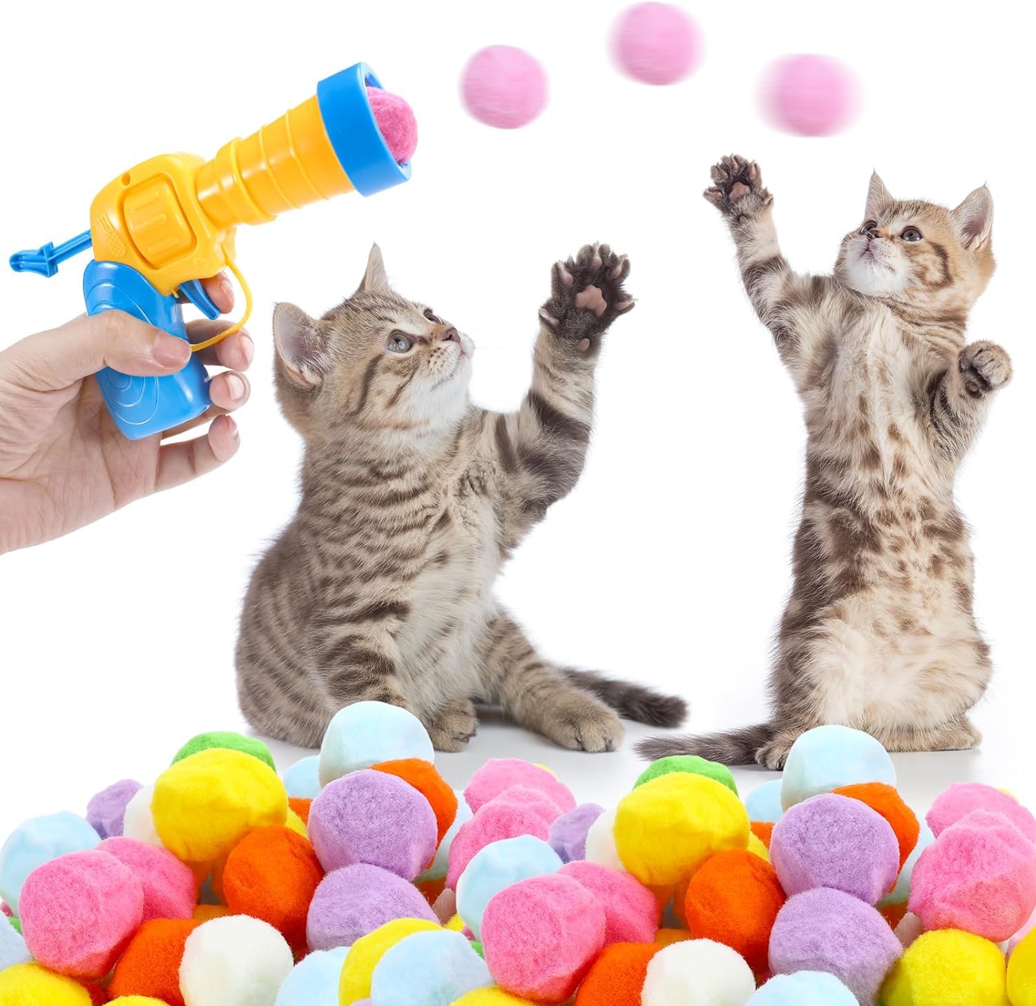 BizoeRade Cat Toy, Interactive Indoor Pom-Pom Balls for Cats Self Toy, Puff Balls, Cat Enrichment Toys, Plush Ball Launcher (30 Balls)