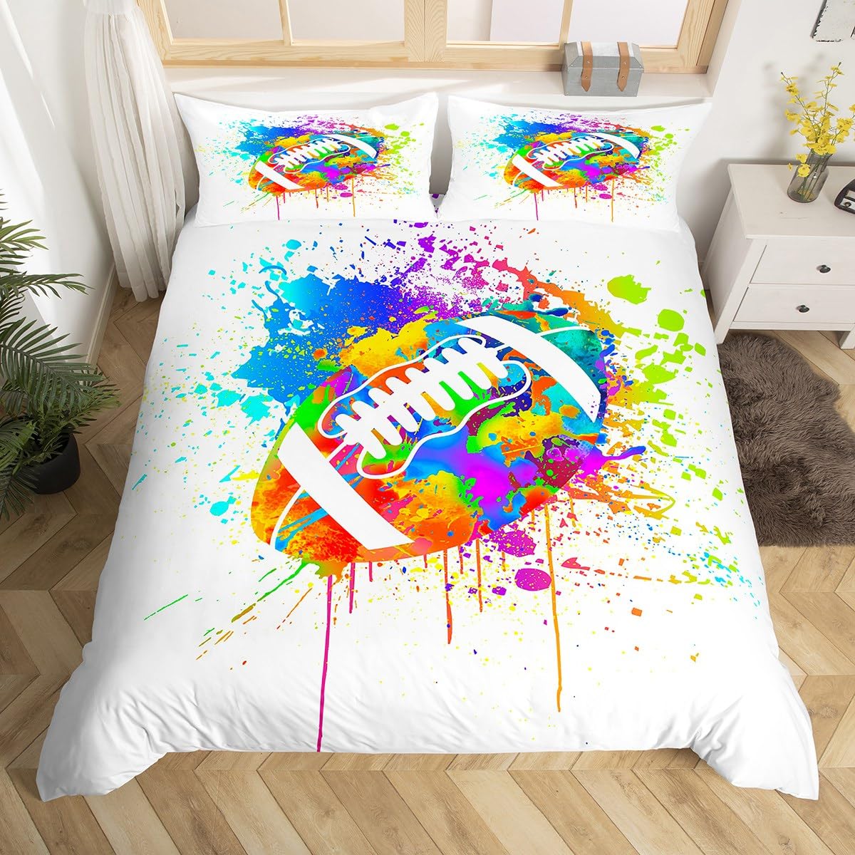 American Football Duvet Cover,Watercolor Tie Dye Bedding Set,Football Sport Comforter Cover for Boys Kids Room Decor,Teens Hip Hop Graffiti Bedspread Cover Queen Size with 2 Pillow Cases,White