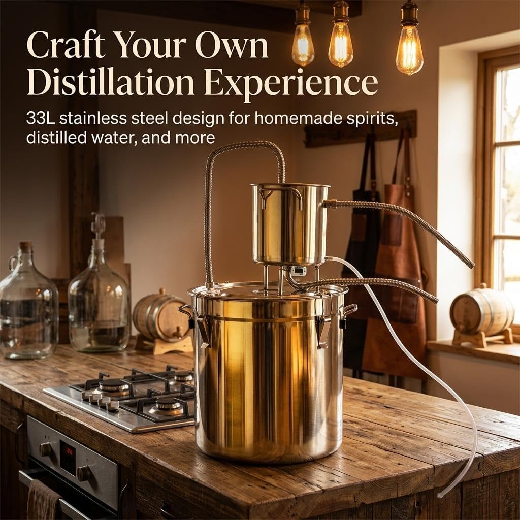 8.7 Gal Alcohol Distiller, Moonshine Still Kit for Distilled Water Essential Oils Whisky Wine, Adjustable 304 Stainless Steel Connection Tubes Distiller with Intelligent Thermometer